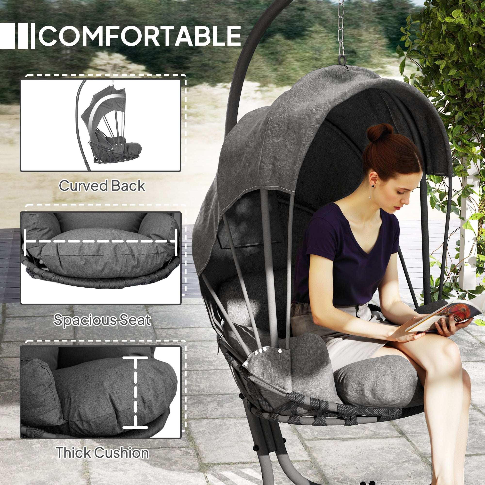 Outsunny Hanging Egg Chair Swing Hammock Chair with Stand, Cushion and Retractable Canopy, for Indoor and Outdoor, Grey - North Peak Garden Furniture