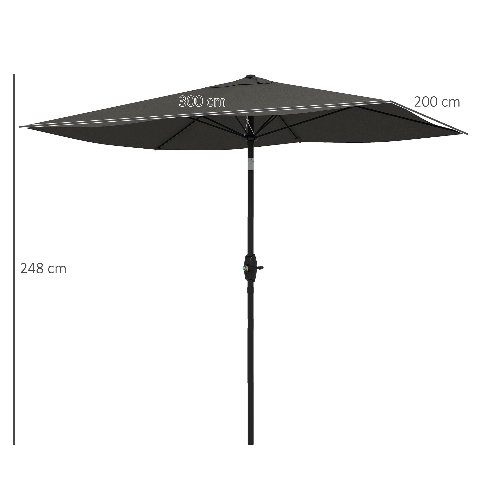 Outsunny 2 x 3(m) Garden Parasol Umbrella, Rectangular Outdoor Market Umbrella Sun Shade with Crank & Push Button Tilt, 6 Ribs, Aluminium Pole, Dark Grey