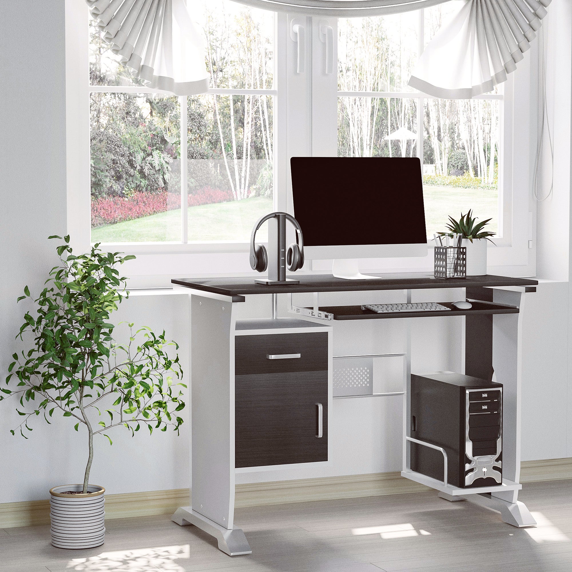 HOMCOM Computer Desk with Sliding Keyboard Tray, Storage Drawers and Host Box Shelf, Home Office Desk, Study Workstation, 100 x 52 x 75cm, Black Walnut - North Peak Garden Furniture
