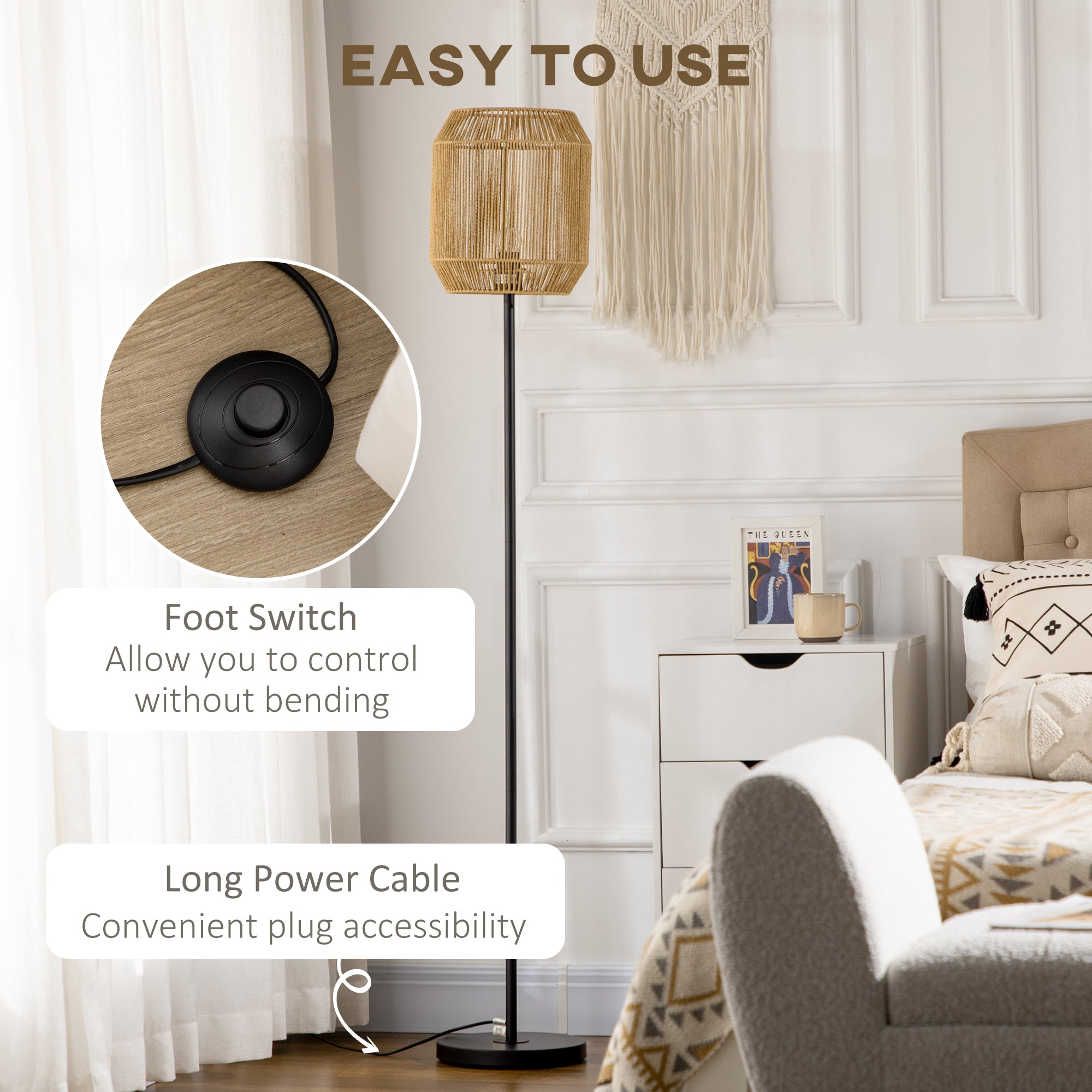 HOMCOM Farmhouse Standing Lamp, Floor Lamps with Hand Woven Rattan Lampshade for Living Room - North Peak Garden Furniture