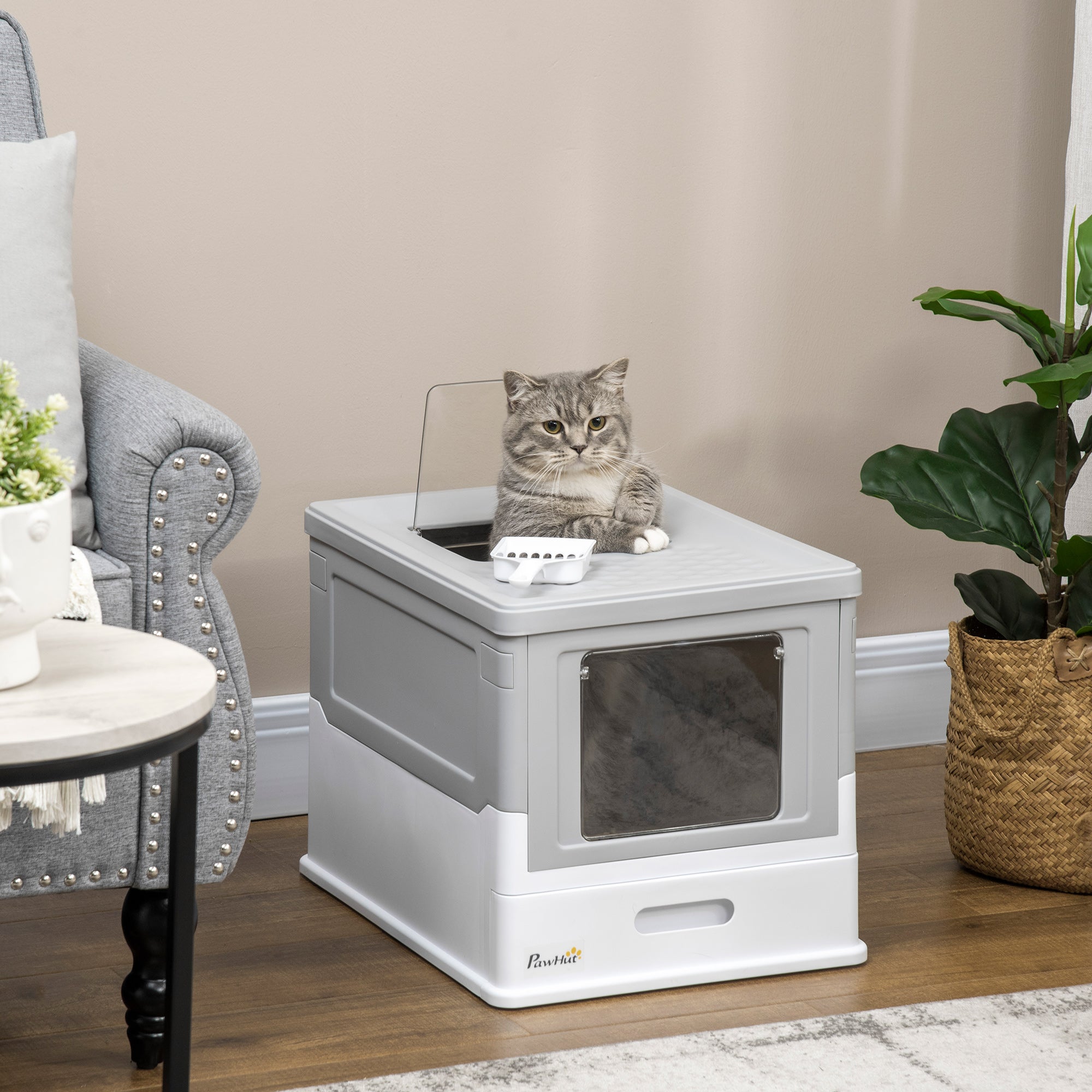 PawHut Hooded Cat Litter Box, Portable Pet Toilet, with Scoop, Front Entry - Grey - North Peak Garden Furniture