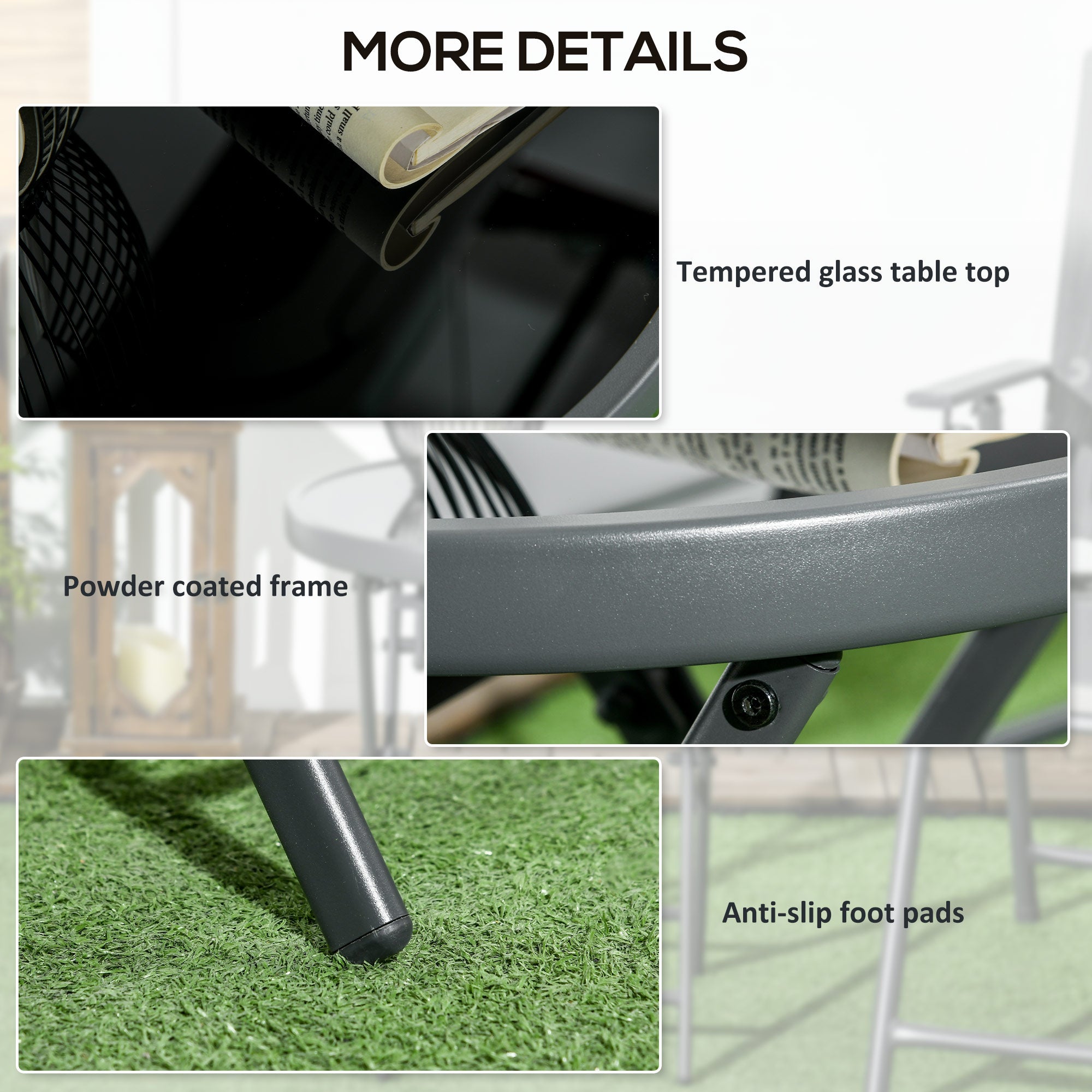 Outsunny Φ45cm Garden Side Table, Outdoor Round Folding Patio Table with Imitation Marble Glass Top, Small Coffee Table, Black - North Peak Garden Furniture