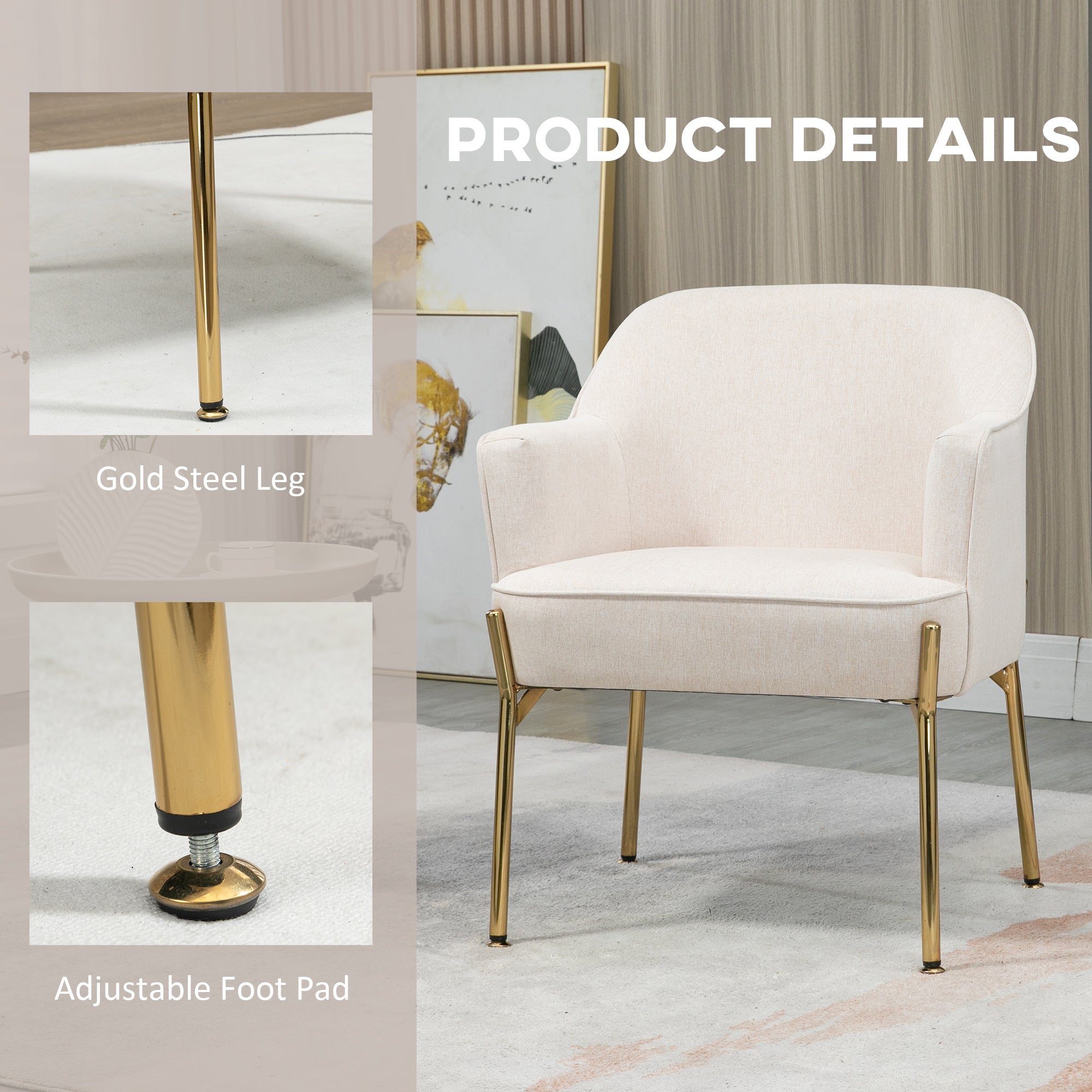 HOMCOM Accent Chair, Living Room Armchair, Vanity Chair with Gold Plating Metal Legs and Soft Padded Seat for Bedroom and Café, Set of 2, White - North Peak Garden Furniture