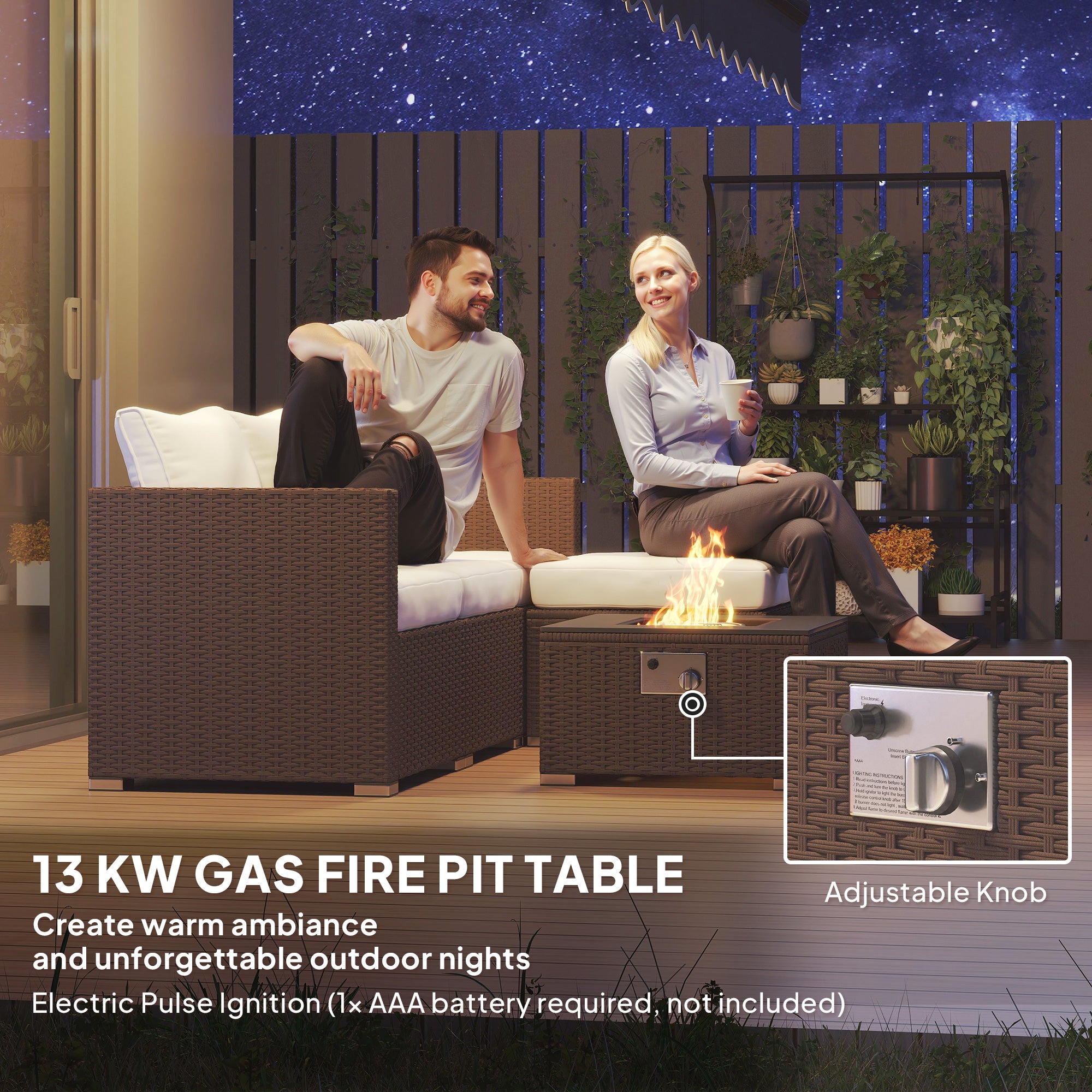 Outsunny Five Piece Rattan Garden Furniture Set with Gas Fire Pit Table and Footstool - Brown and Cream White - North Peak Garden Furniture