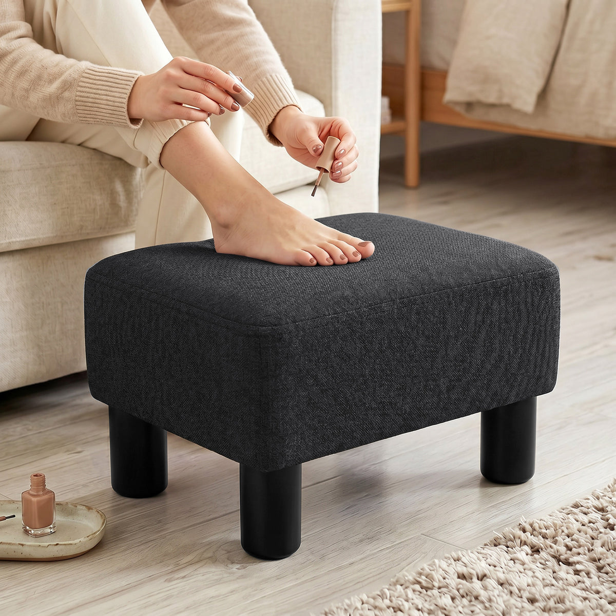 HOMCOM Linen Fabric Footstool Ottoman Cube with 4 Plastic Legs, Black