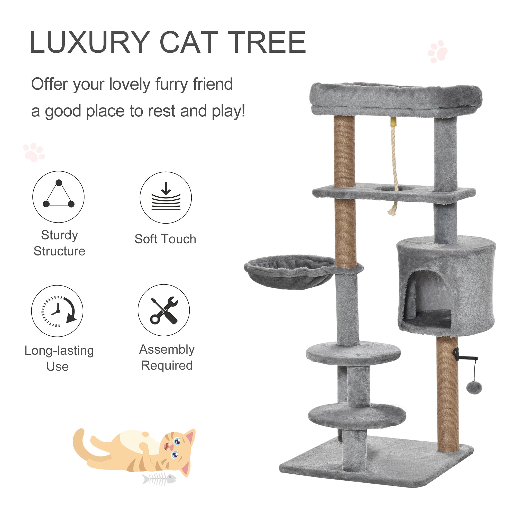 PawHut Cat Tree Tower for Indoor Cats 120cm Climbing Kitten Activity Center with Jute Scratching Post Perch Hanging Ball Hammock Teasing Rope Condo Toy Light Grey - North Peak Garden Furniture