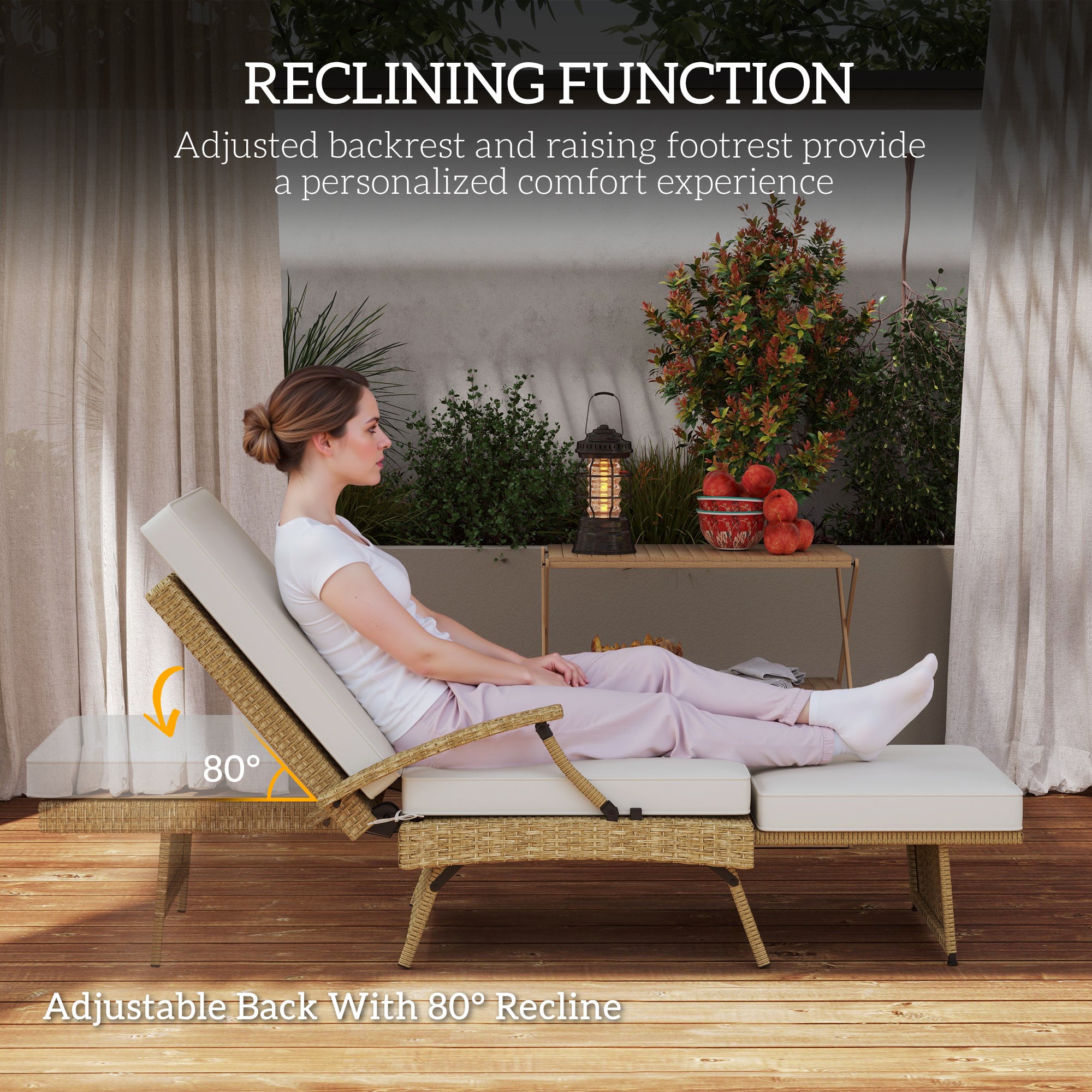 Outsunny 80° Reclining Rattan Lounger - White/Beige - North Peak Garden Furniture