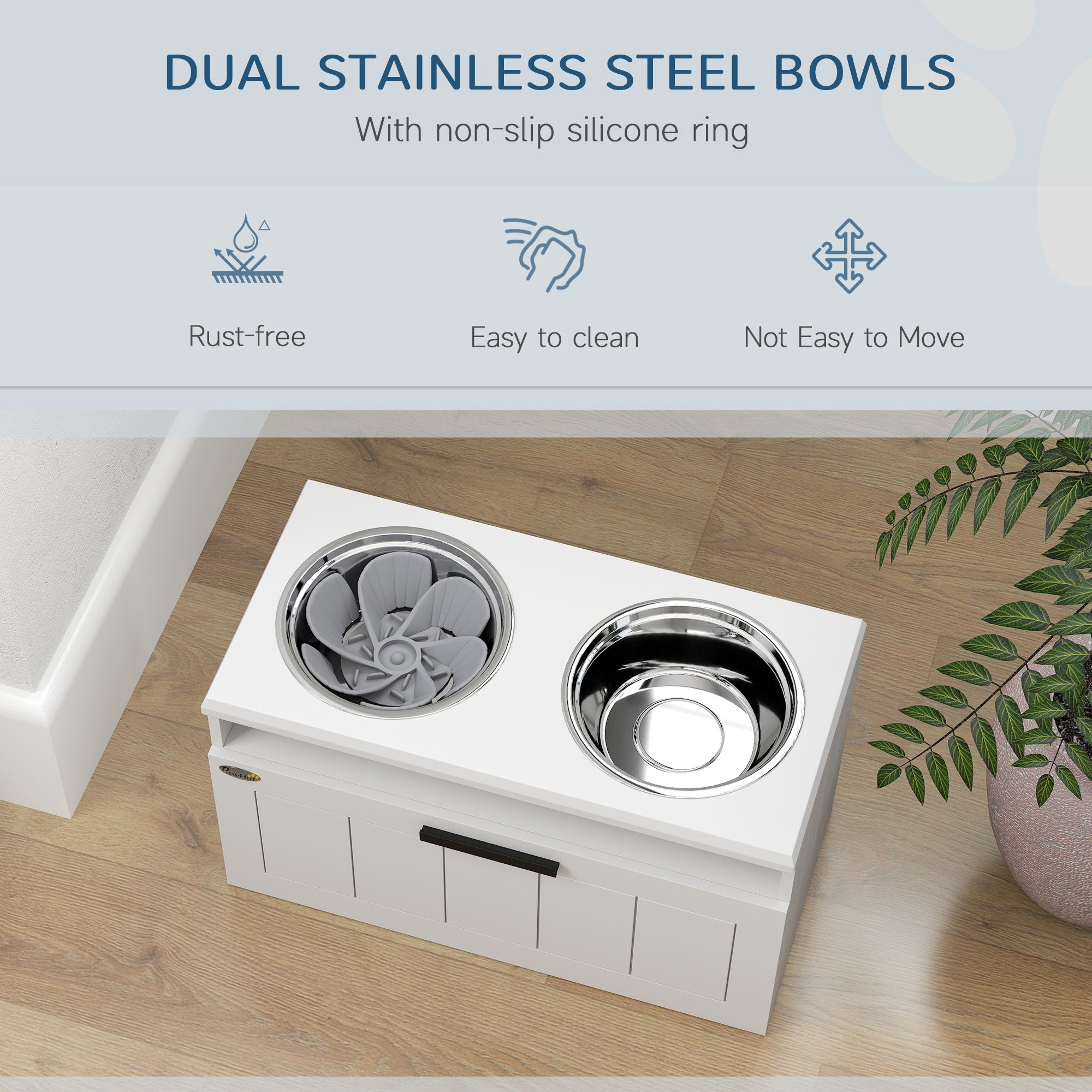 PawHut Raised Dog Bowl with Slow Feeder & 2 Stainless Steel Dog Bowl, 25L Storage Drawer, for Large & Extra Large Dogs, White - North Peak Garden Furniture