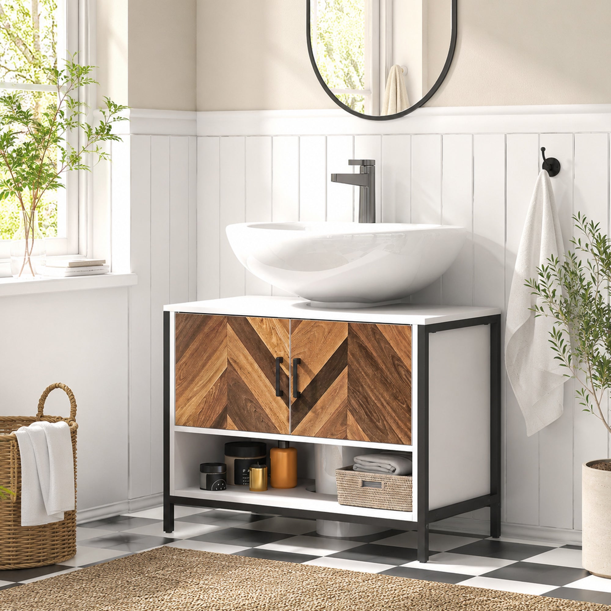 HOMCOM Under Sink Bathroom Cabinet, Rustic Under Sink Cabinet with Herringbone Doors and Open Compartment for Basin with or without Pedestal, 80 x 40 x 60cm, Cream White