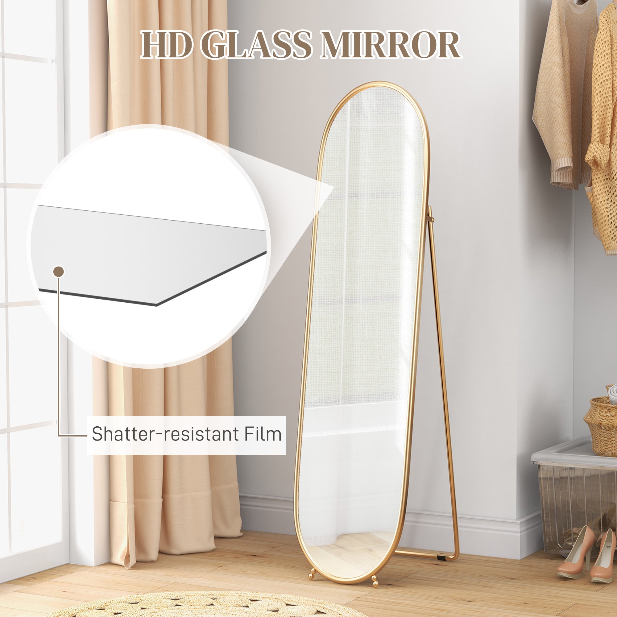 HOMCOM Three-Way Curved Full Length Mirror - Gold Tone - North Peak Garden Furniture