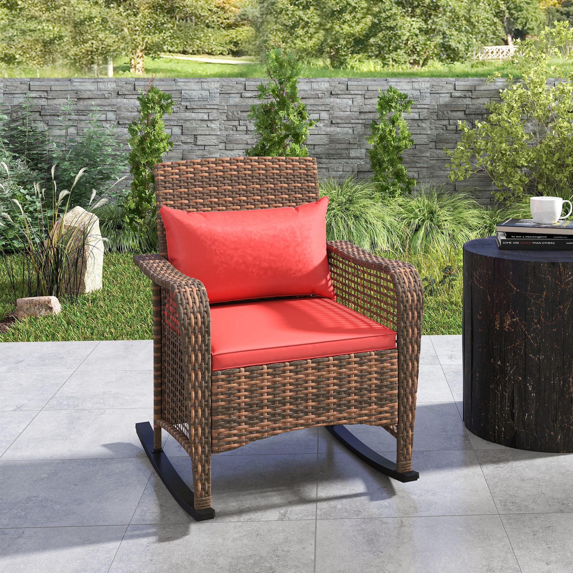 Outsunny Garden Rocking Chair, Outdoor Rattan Rocker Lounge Chair with Seat and Back Cushions, Patio Armchair Seat with All-weather Wicker, Steel Frame for Porch Balcony, Red - North Peak Garden Furniture
