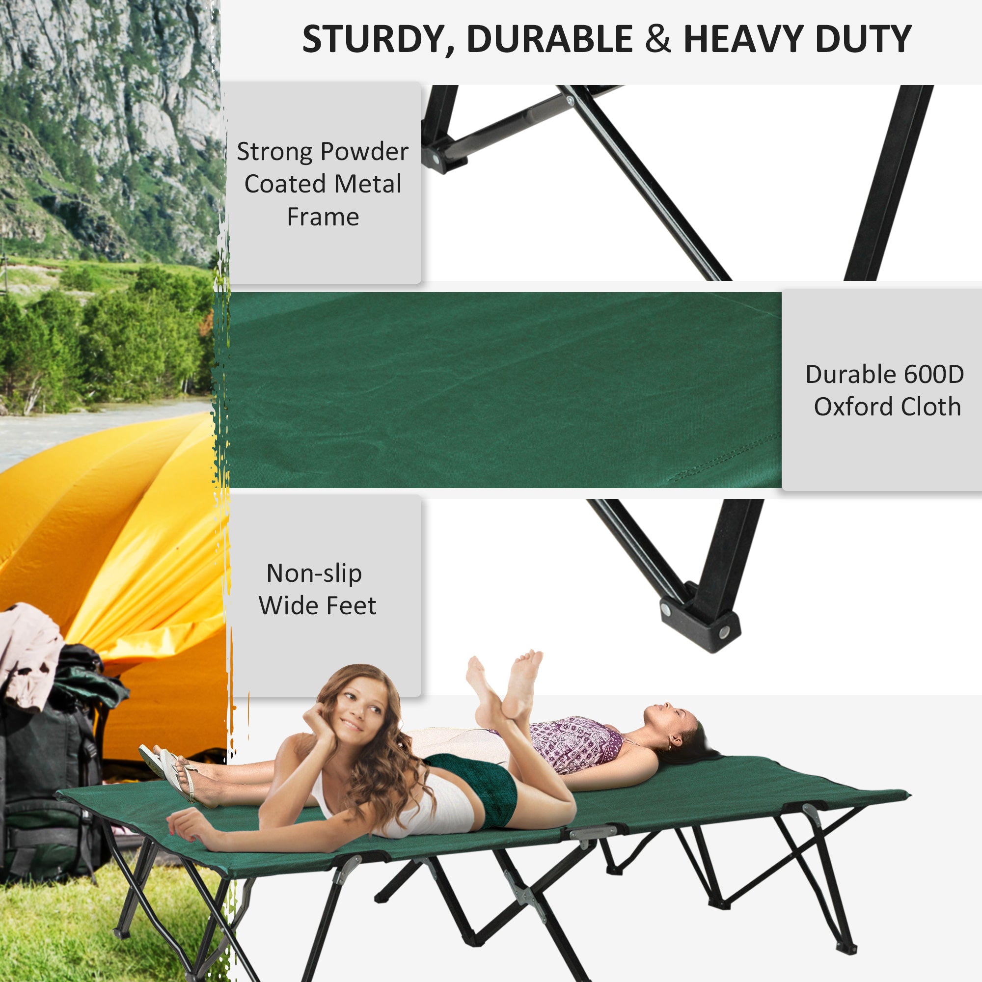 Outsunny Double Camping Bed Camping Cot Foldable Sunbed Outdoor Patio Sleeping Bed Super Light with Carry Bag (Green) - North Peak Garden Furniture