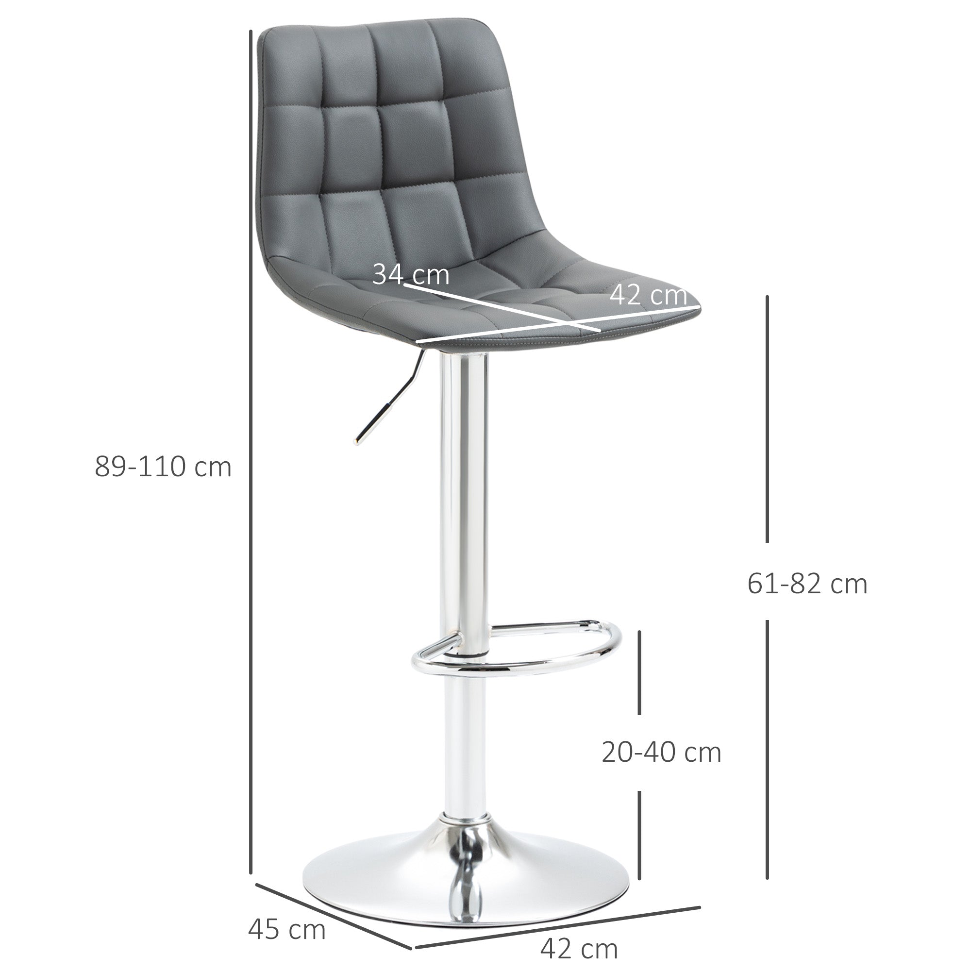 HOMCOM Adjustable Bar Stools Set of 2, Swivel PU Leather Upholstered Barstools with Tufted Seat and Back, Breakfast Bar Chairs for Kitchen Counter, Grey - North Peak Garden Furniture