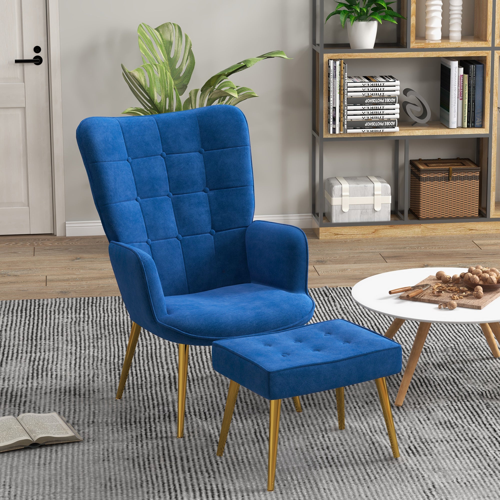 HOMCOM Modern Armchair with Footstool, Upholstered Accent Chair with Ottoman, Steel Legs, Velvet Wingback Chair for Living Room, Bedroom, Home Study, Dark Blue