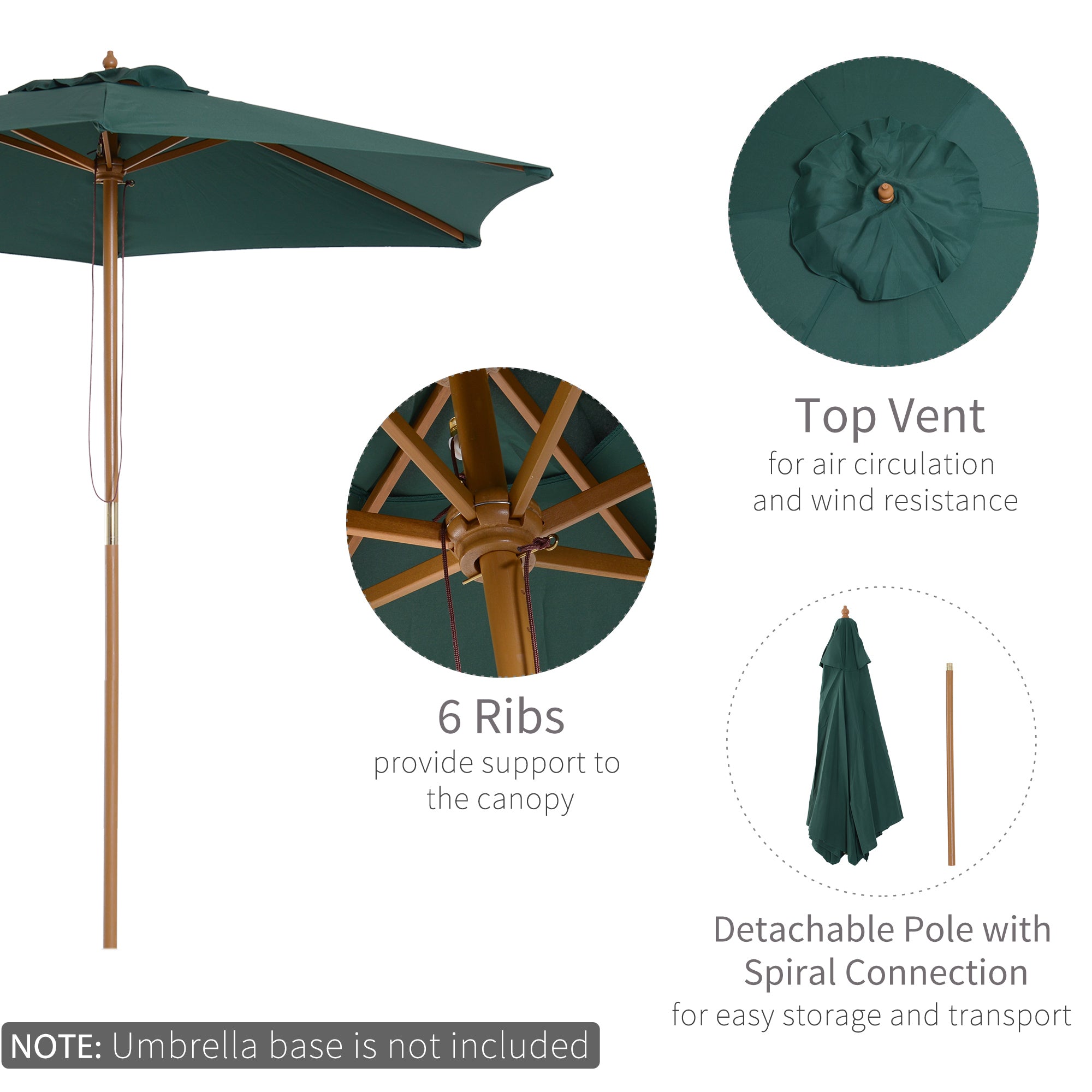 Outsunny Wooden Parasol: 2.5m UV-Protective Garden Umbrella with Pulley System, Dark Green