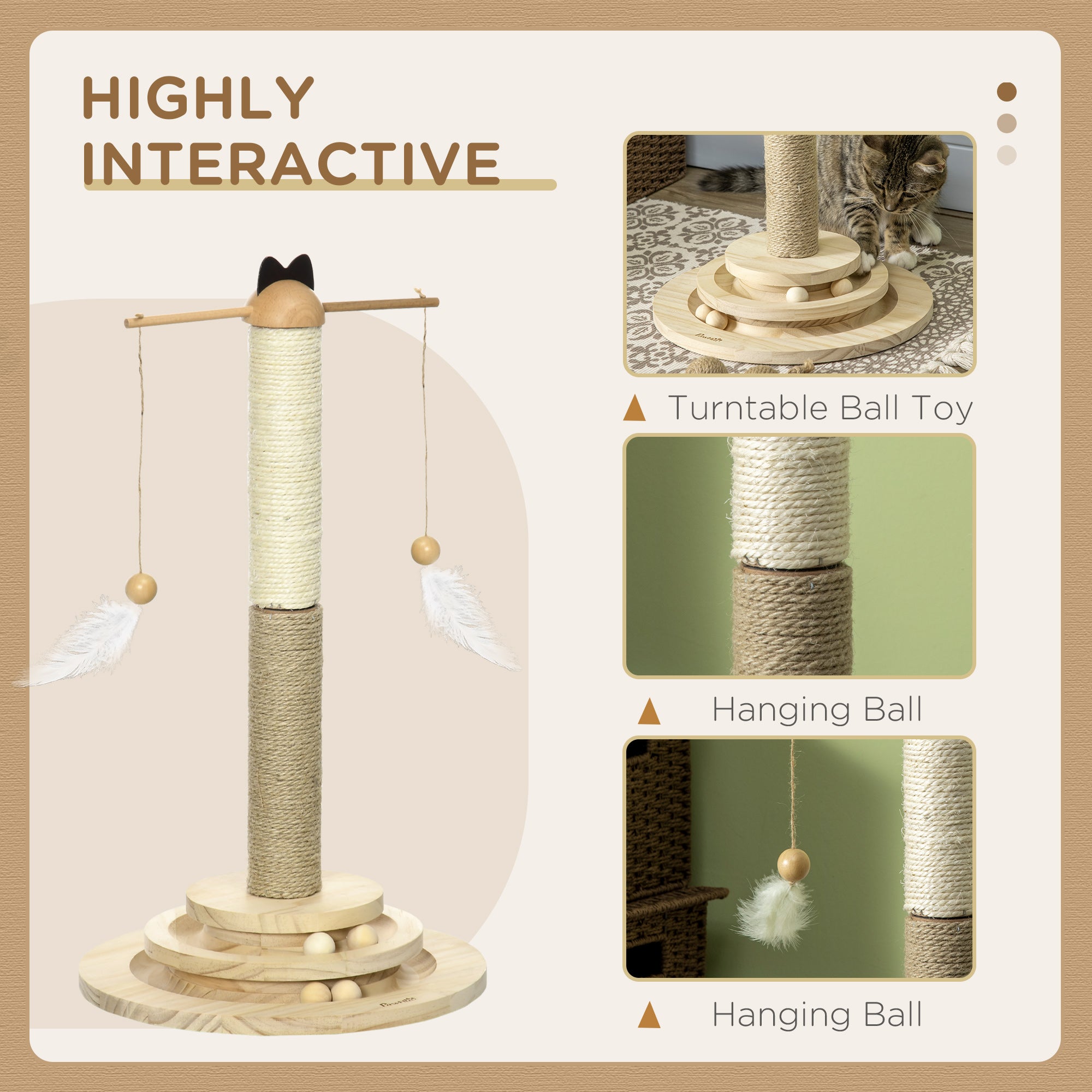 PawHut Cat Tree, with Scratching Post, Turntable Toy Ball - Natural Finish - North Peak Garden Furniture