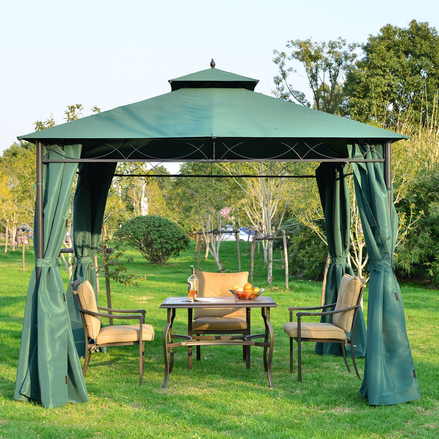 Outsunny 3(m) x 3(m) Metal Garden Gazebo Marquee Party Tent Patio Canopy Pavilion + Sidewalls - Green - North Peak Garden Furniture