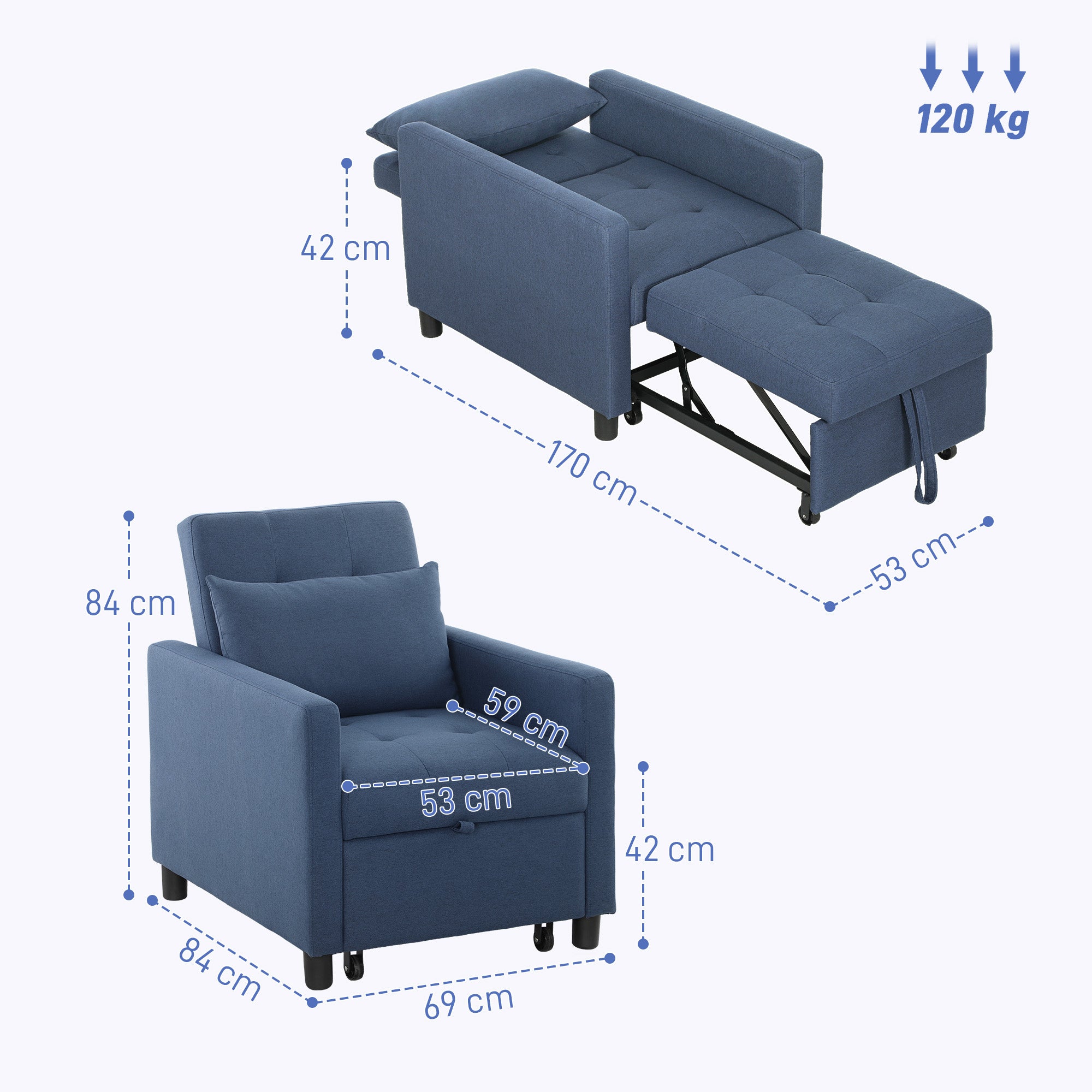 HOMCOM 3-In-1 Chair Bed, Convertible Sleeper Chair with Adjustable Backrest, Pillow and Footrest for Living Room, Blue - North Peak Garden Furniture