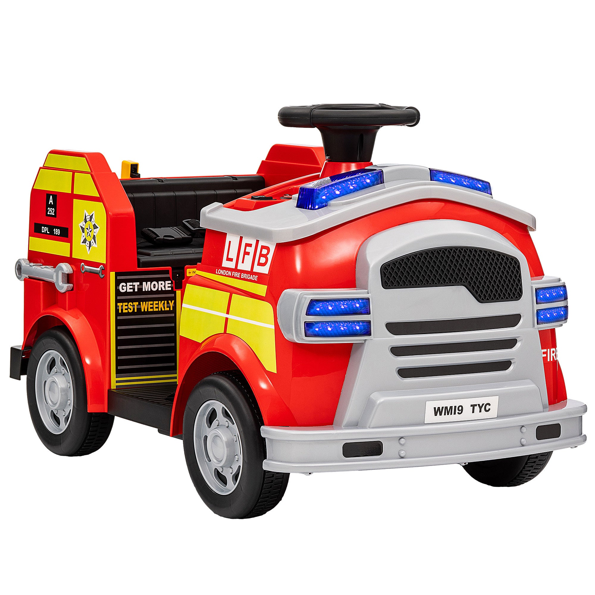 AIYAPLAY Ride on Fire Truck, 12V Kids Electric Car with Siren and Flashing Lights, Firefighting Tools, Music Horn, Slow Start