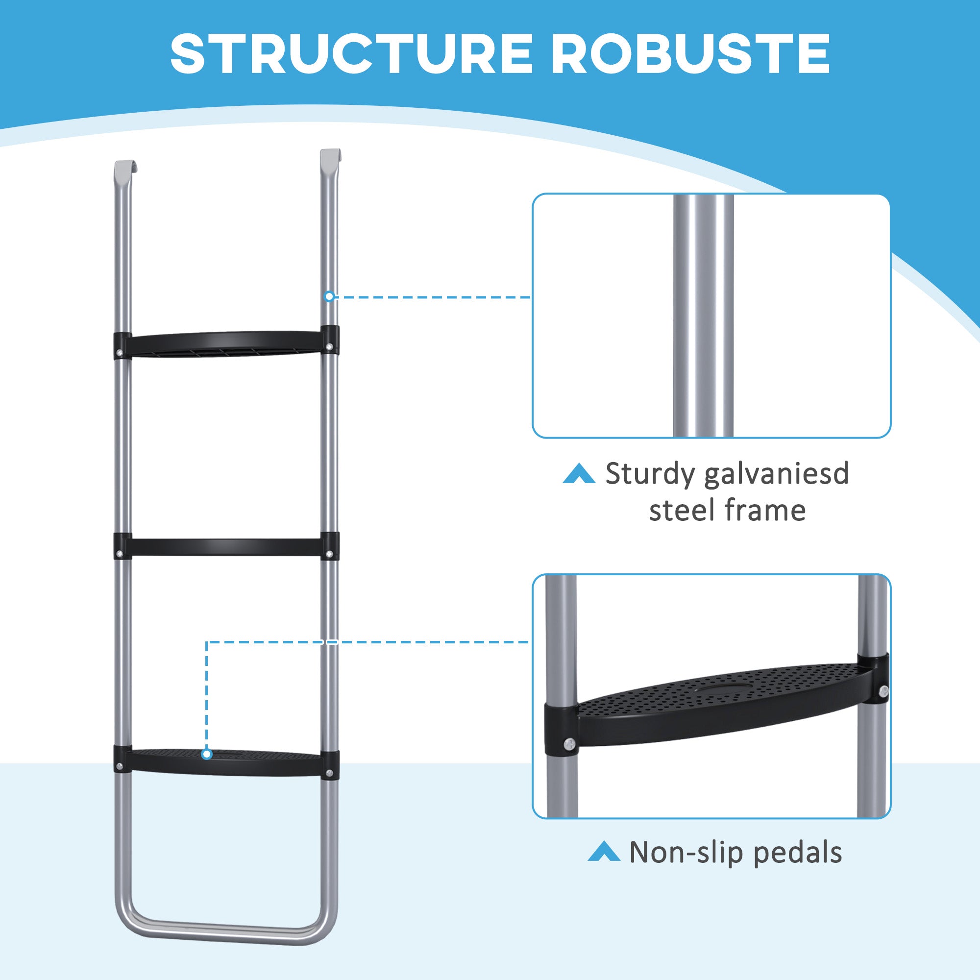 SPORTNOW Galvanised Steel Trampoline Ladder, 2 Steps/3 Steps Outdoor Trampoline Accessories for 6ft, 8ft, 10ft, 12ft, 13ft, 14ft, 16ft Trampoline, 110L x 32Wcm, Silver Tone