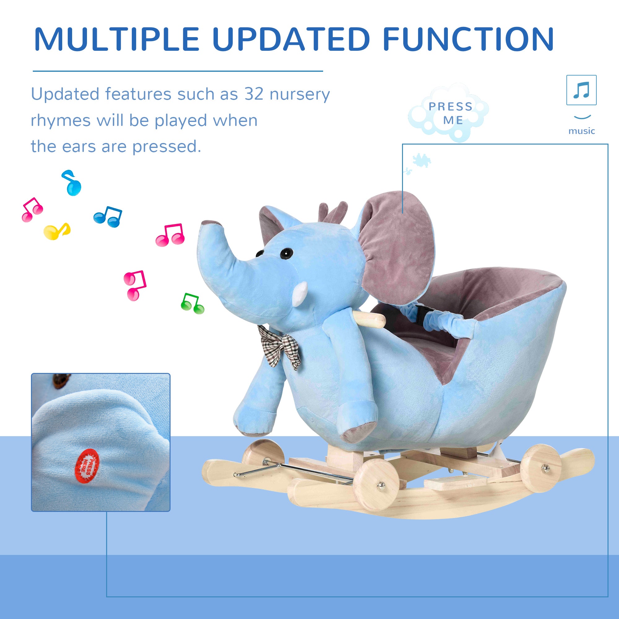 HOMCOM 2 In 1 Plush Baby Ride on Rocking Horse Elephant Rocker with Wheels Wooden Toy for Kids 32 Songs for 18+ Months (Blue) - North Peak Garden Furniture
