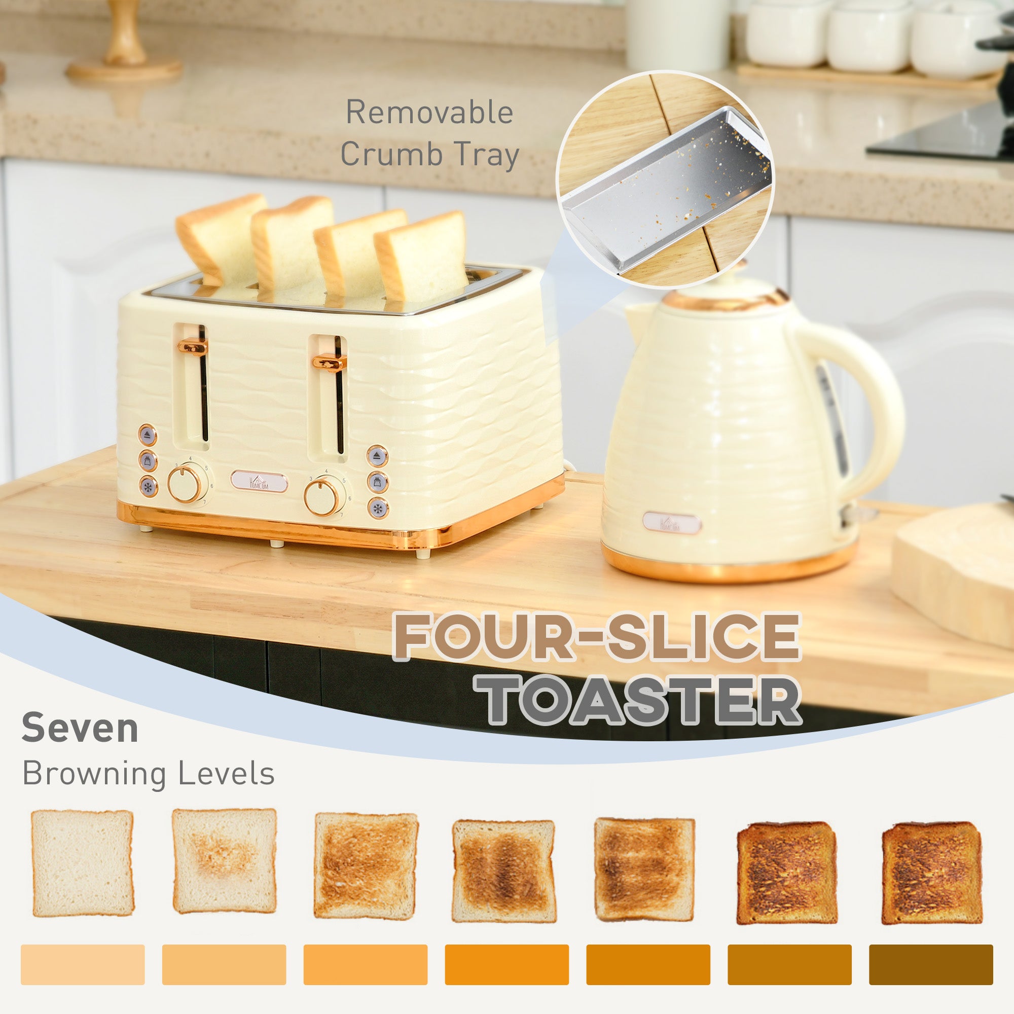 HOMCOM 3000W 1.7L Rapid Boil Kettle & 4 Slice Toaster, Kettle and Toaster Set with 7 Browning Controls and Crumb Tray, Beige - North Peak Garden Furniture