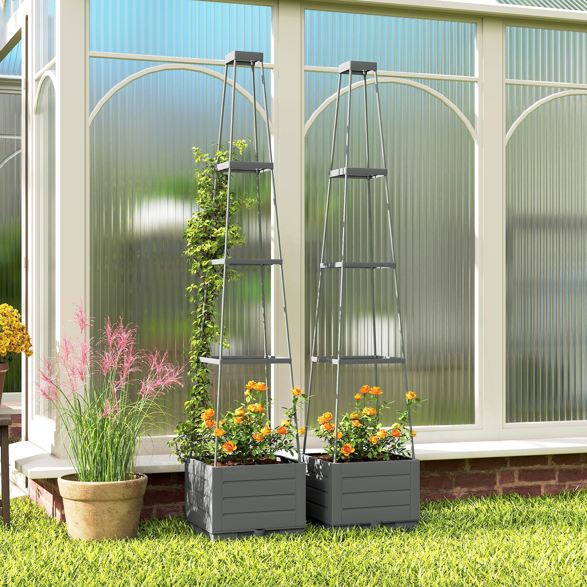 Outsunny 2 Pack Raised Garden Bed with Trellis, Plastic Outdoor Planter Box with Removable Drainage Tray