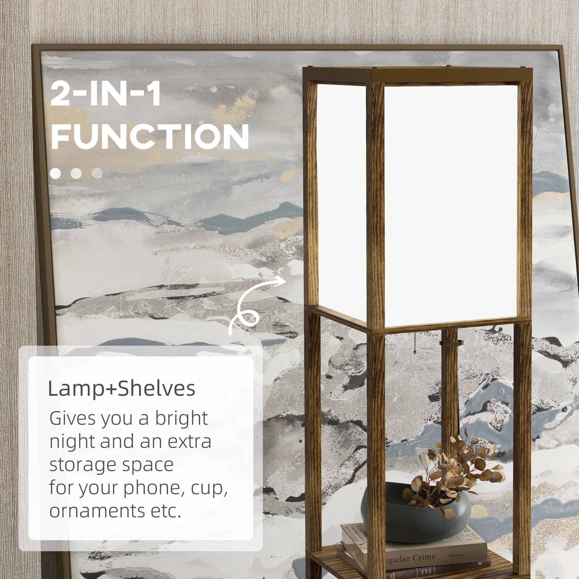 HOMCOM Modern Shelf Floor Lamp with Dual Ambient Light, Standing Lamp Living Room, Bedroom, 156cm, Brown - North Peak Garden Furniture