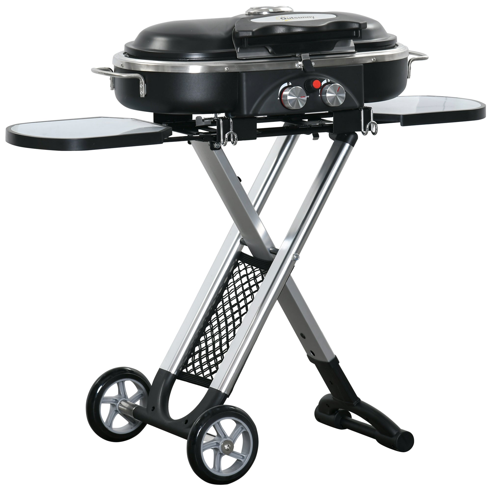 Outsunny Foldable Gas BBQ Grill 2 Burner Garden Barbecue Trolley w/ Lid Side Shelves Storage Pocket Piezo Ignition Thermometer, Aluminium Alloy - North Peak Garden Furniture
