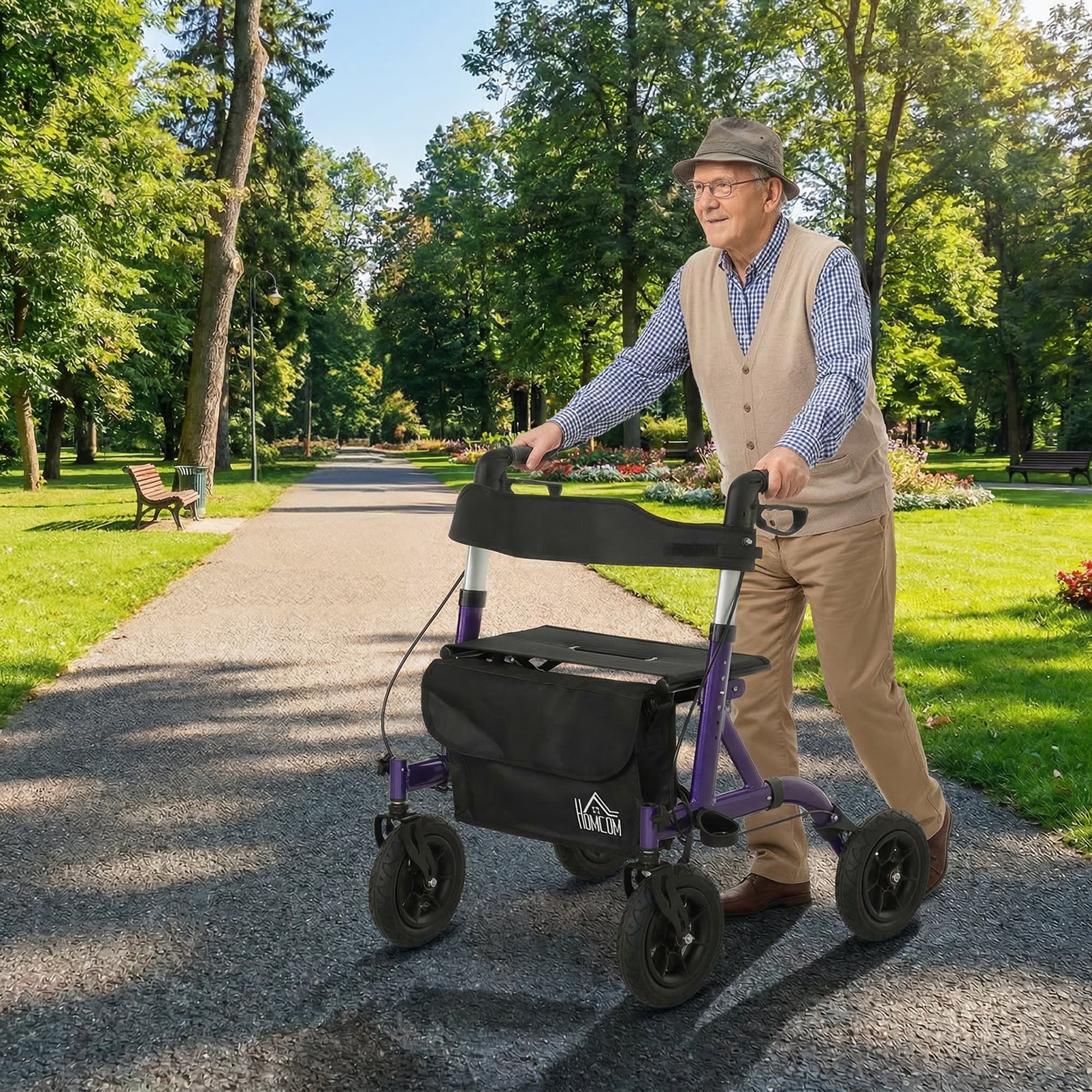 HOMCOM Folding Rollator Walker with Seat, Backrest, Lightweight Walking Frame with Storage Bag, Dual Brakes, All-terrain Wheels, Adjustable Handle Height, 4 Wheeled Walker for Seniors, Purple