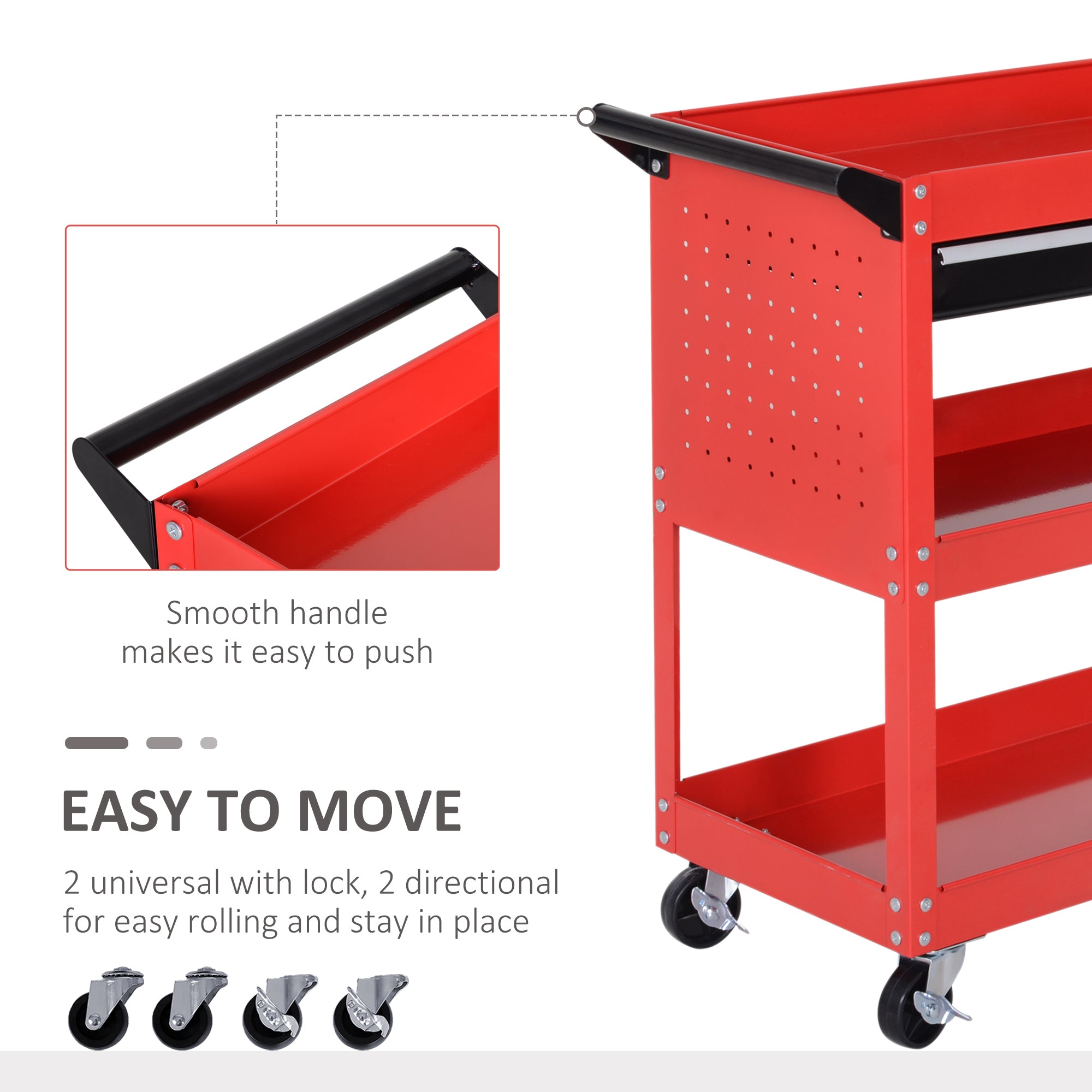 DURHAND 3-Tier Tool Trolley Cart Storage Shelf Roller Cabinet DIY Box Garage Workshop with Drawer Red - North Peak Garden Furniture