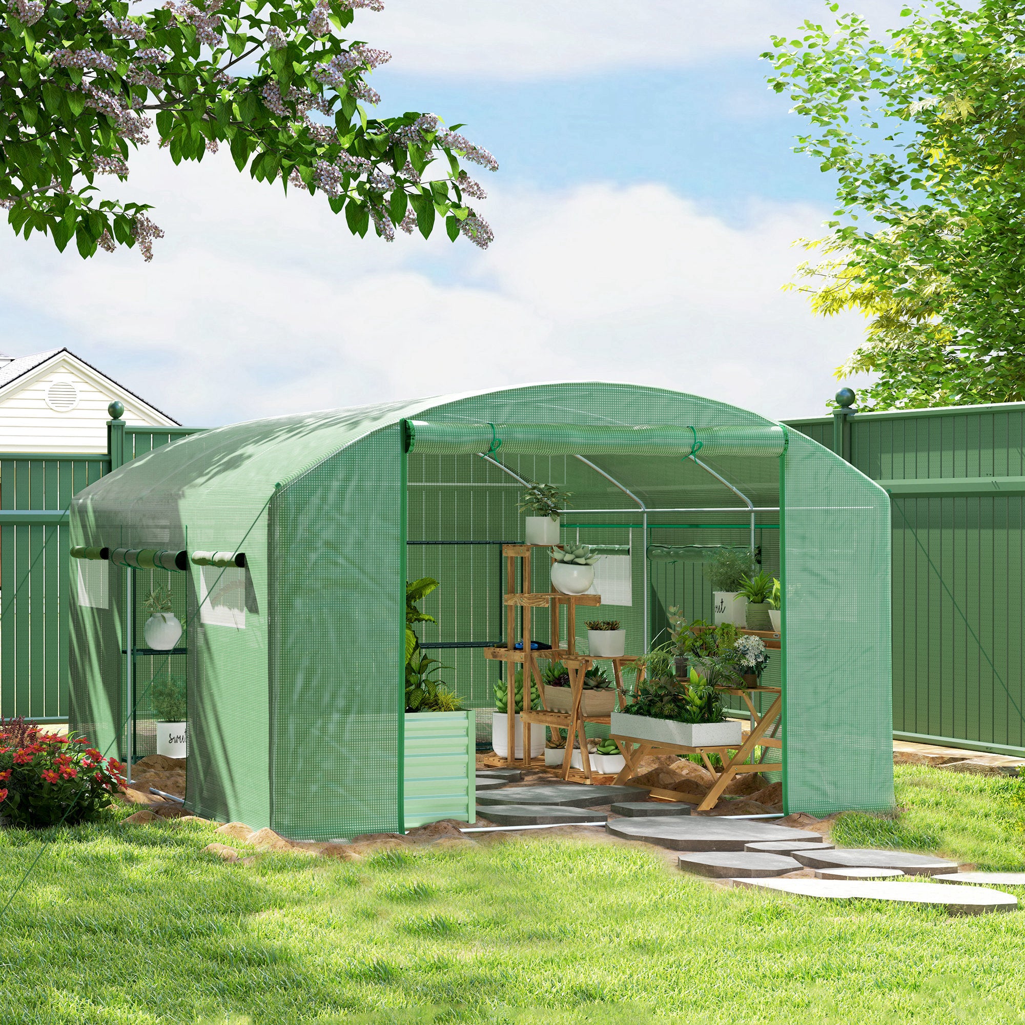 Outsunny 13 x 9.8ft Walk-In Polytunnel Greenhouse - Green - North Peak Garden Furniture
