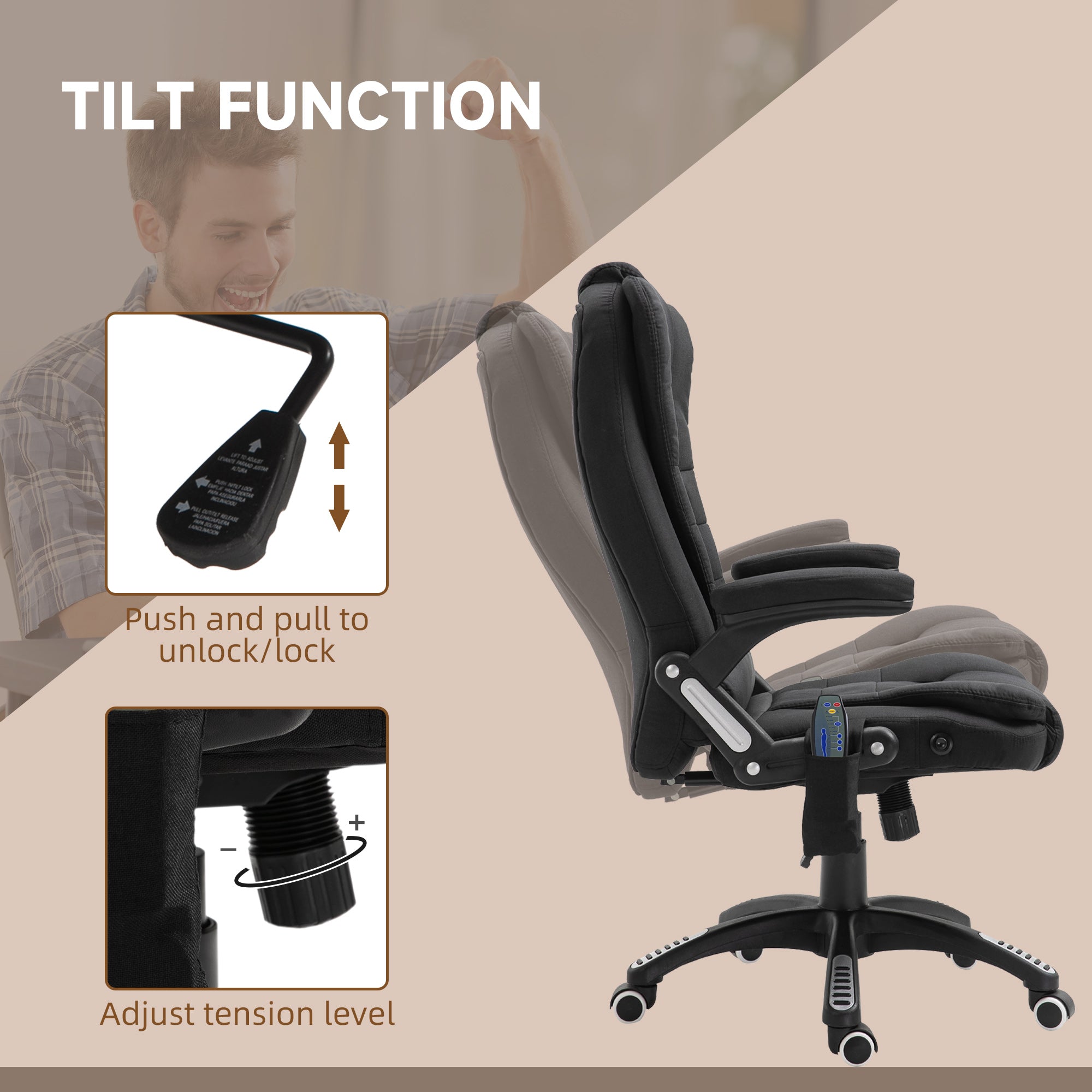 Vinsetto Massage Recliner Chair Heated Office Chair with Six Massage Points Linen-Feel Fabric 360° Swivel Wheels Black - North Peak Garden Furniture