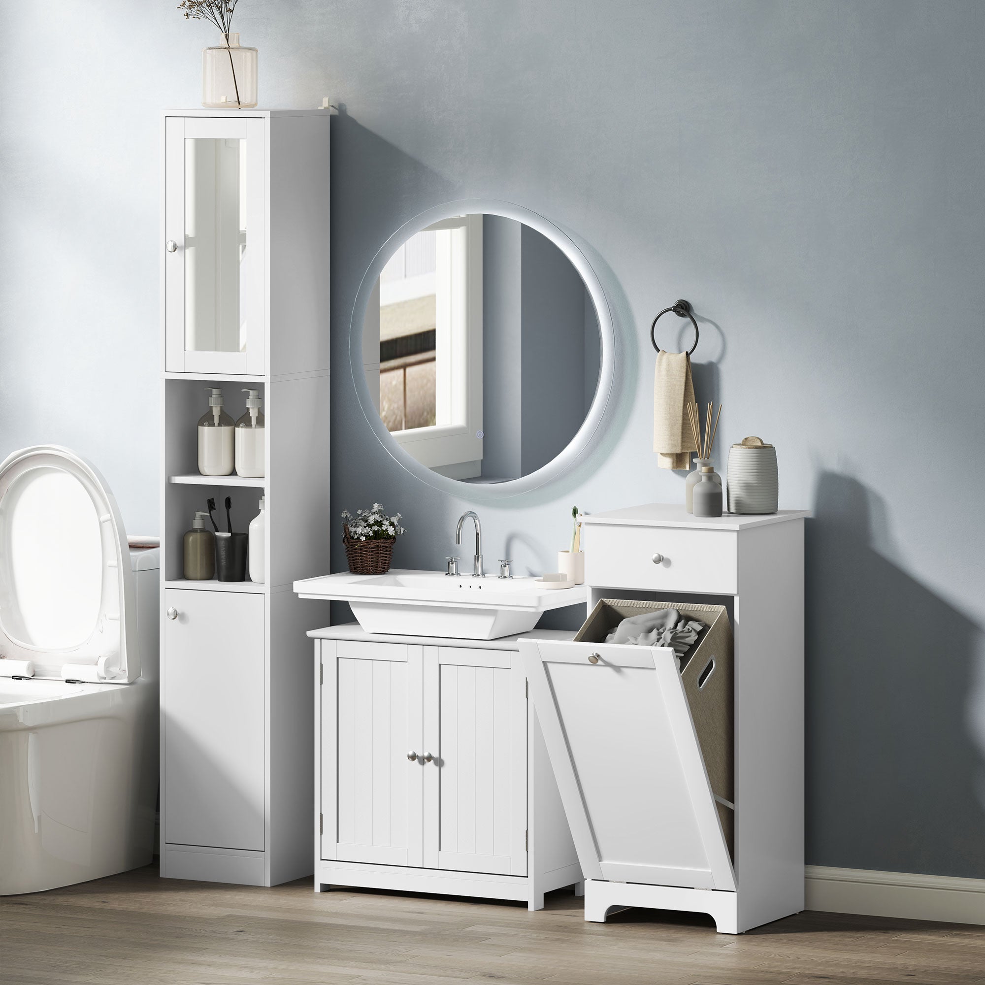 kleankin 60x60cm Under-Sink Storage Cabinet w/ Adjustable Shelf Handles Drain Hole Bathroom Cabinet Space Saver Organizer White - North Peak Garden Furniture