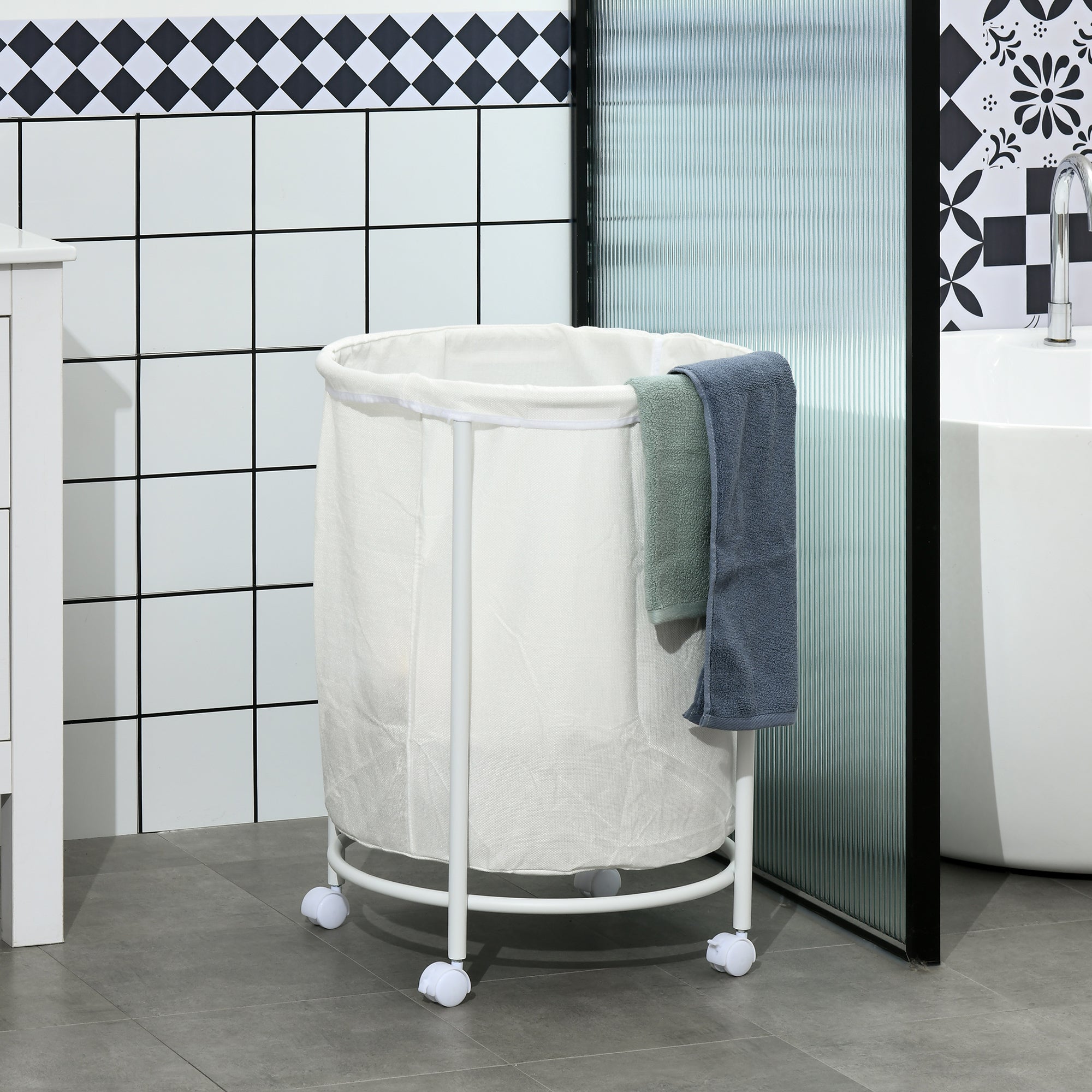 HOMCOM 100L Steel Frame Laundry Bin, with Wheels - White - North Peak Garden Furniture
