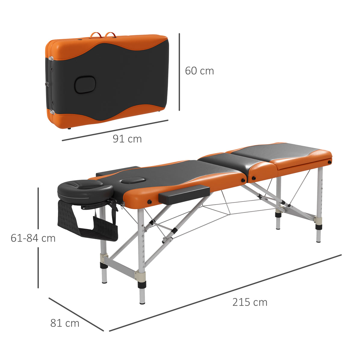 HOMCOM Foldable Massage Bed Portable Table, 3-Section Aluminium Foldable Beauty Couch, Professional Salon Spa Table with Headrest Support, 60 cm Width, Black and Orange