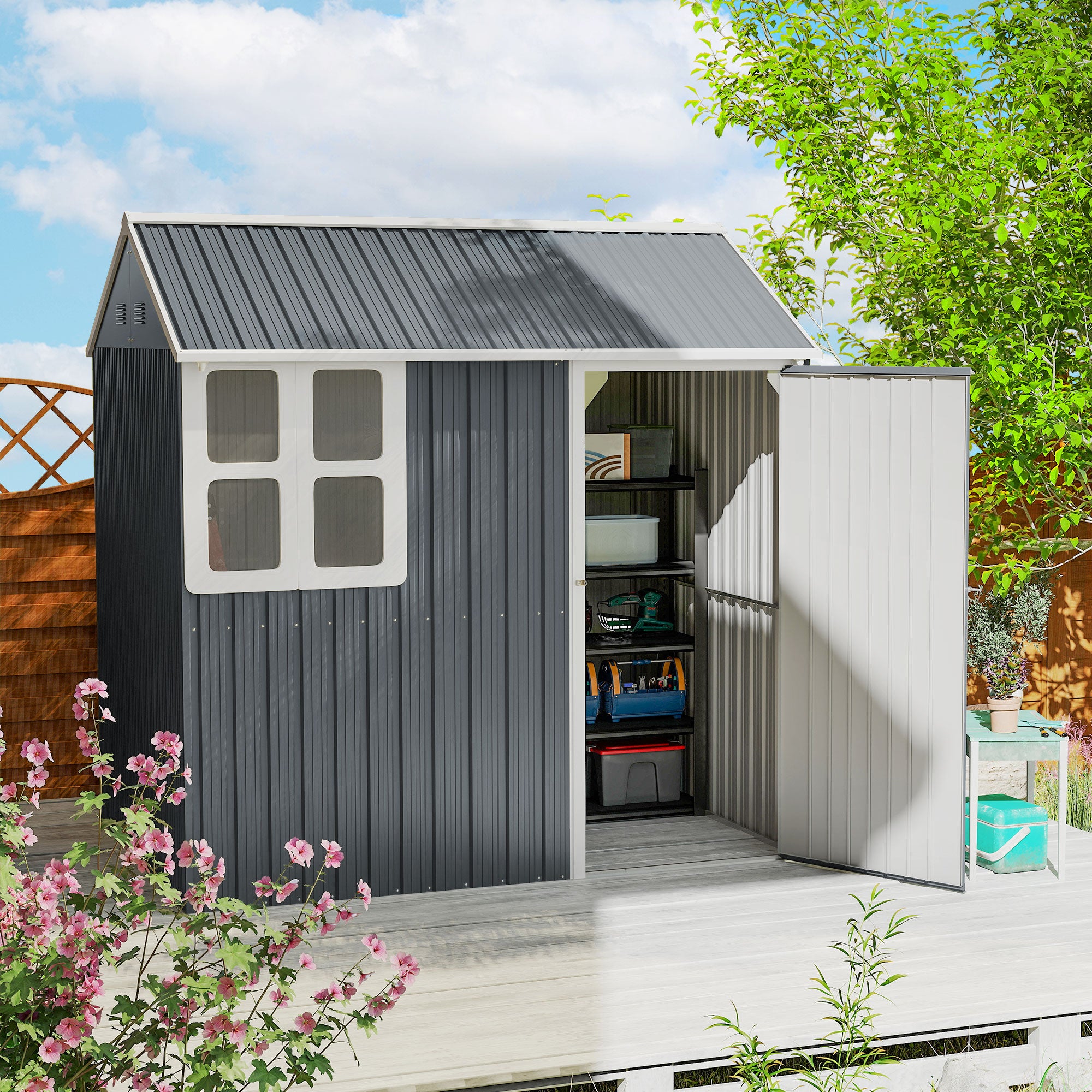 Outsunny 7 x 6ft Galvanised Garden Shed, with Latch - Dark Grey