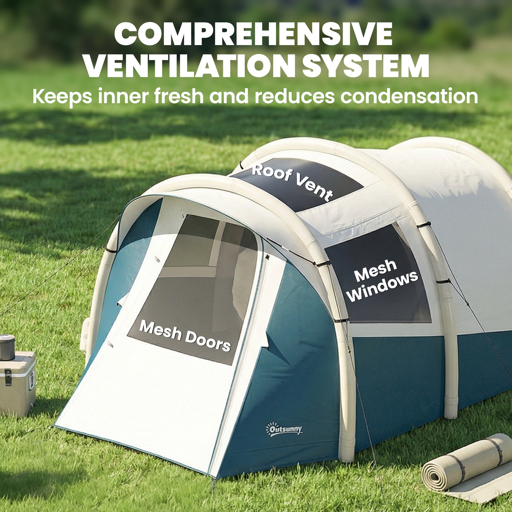 Outsunny Inflatable Camping Tent w/ Air Pump, Easy Setup 2-3 Person Blow Up Tent, Green