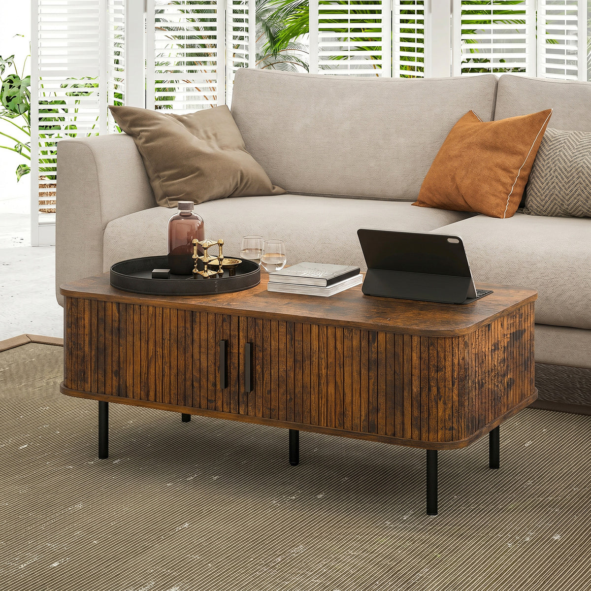 HOMCOM Coffee Table with Storage, Living Room Table with Slatted Tambour Sliding Doors and Adjustable Foot Pads, Rectangular Coffee Table with Elevated Base for Living Room, Rustic Brown