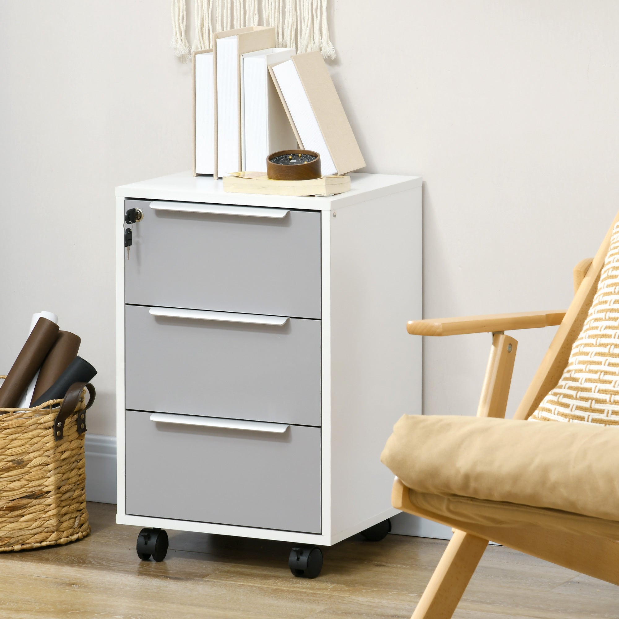 HOMCOM 3-Drawer Locking File Cabinet Mobile Chest of Drawers Side Table on Wheels for Home Office, Bedroom and Living room - North Peak Garden Furniture