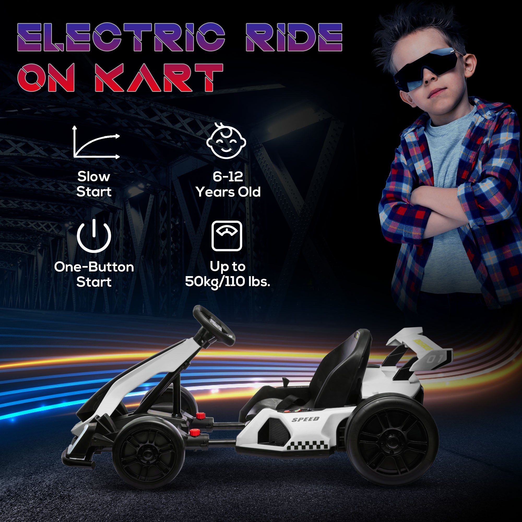 HOMCOM 24V Electric Go Kart for Kids with Adjustable Seat for 6-12 Years, White