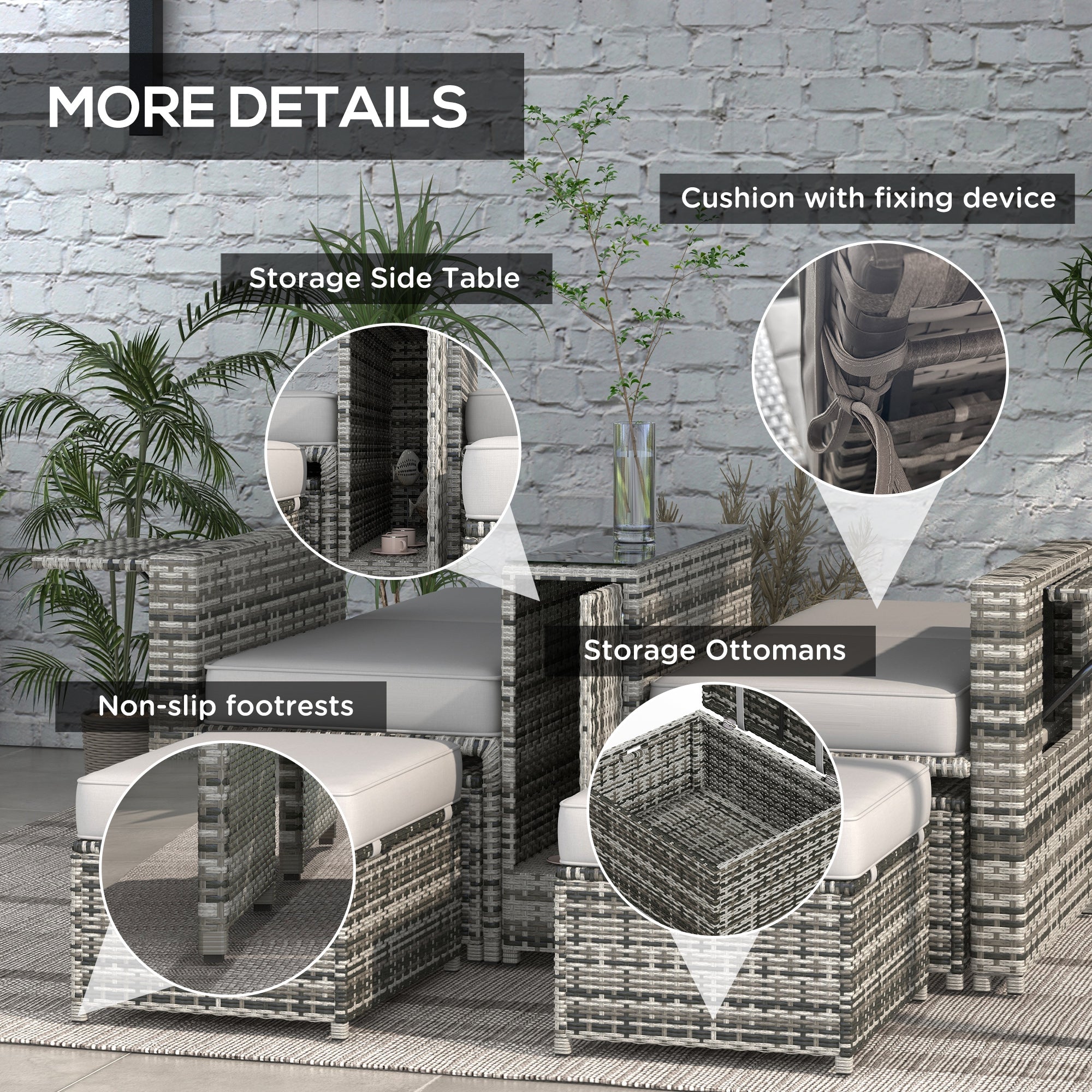 Outsunny Rattan Sun Lounger w/ Storage Tea Table & Footstools, Grey - North Peak Garden Furniture