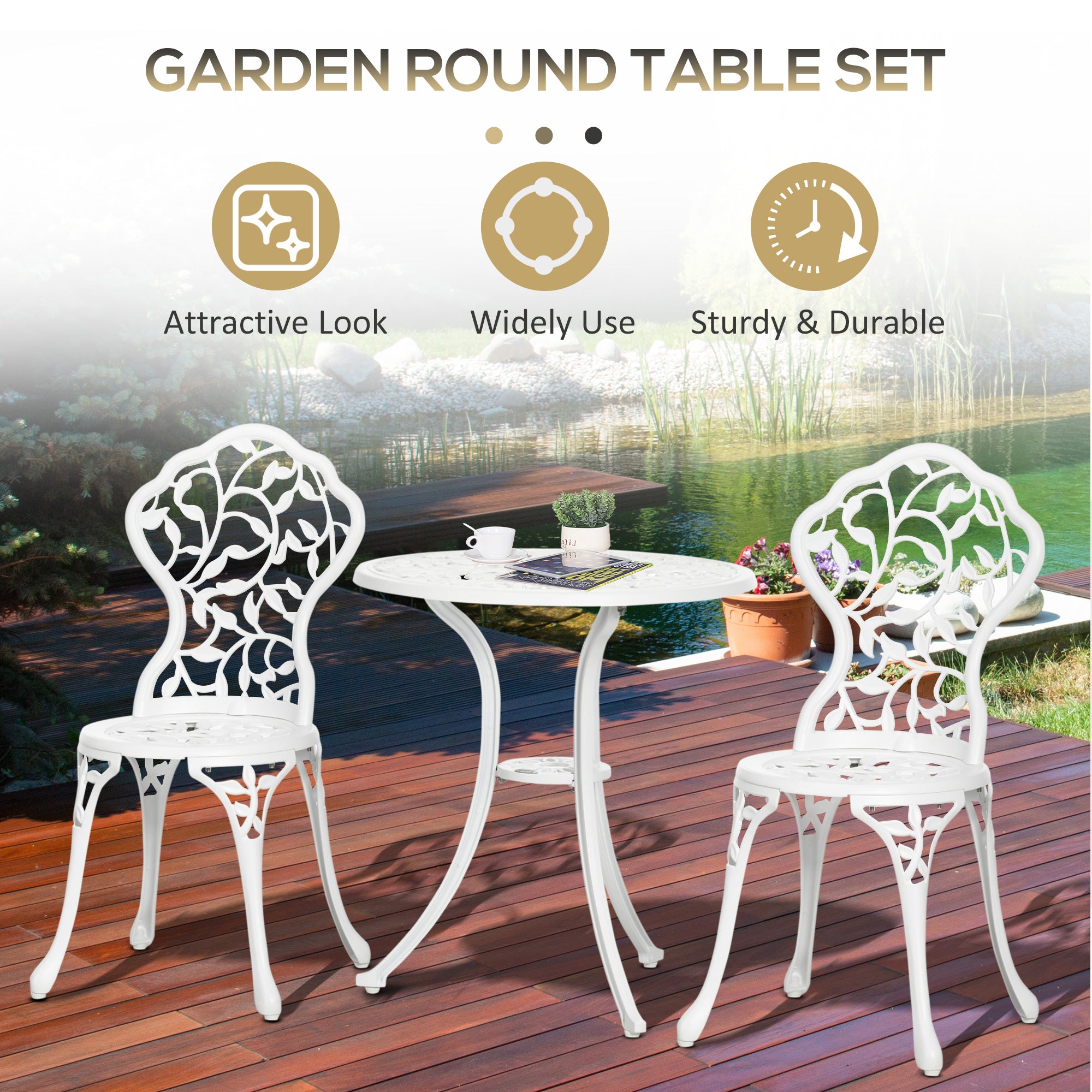 Outsunny 3 Pcs Aluminium Bistro Set Garden Furniture Dining Table Chairs Antique Outdoor Seat Patio Seater White - North Peak Garden Furniture