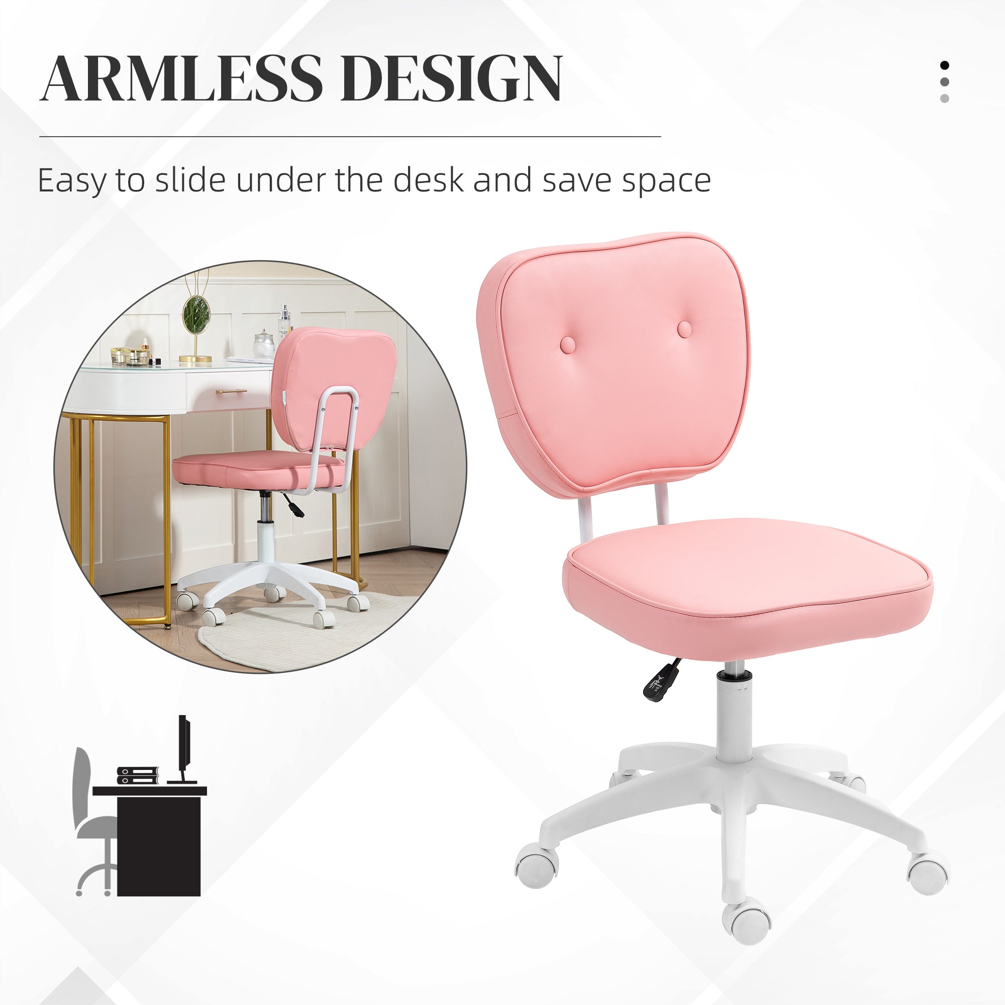 Vinsetto Vanity Office Chair, PU Leather Computer Chair for Home, with Adjustable Height, Armless, Swivel Wheels, Pink - North Peak Garden Furniture