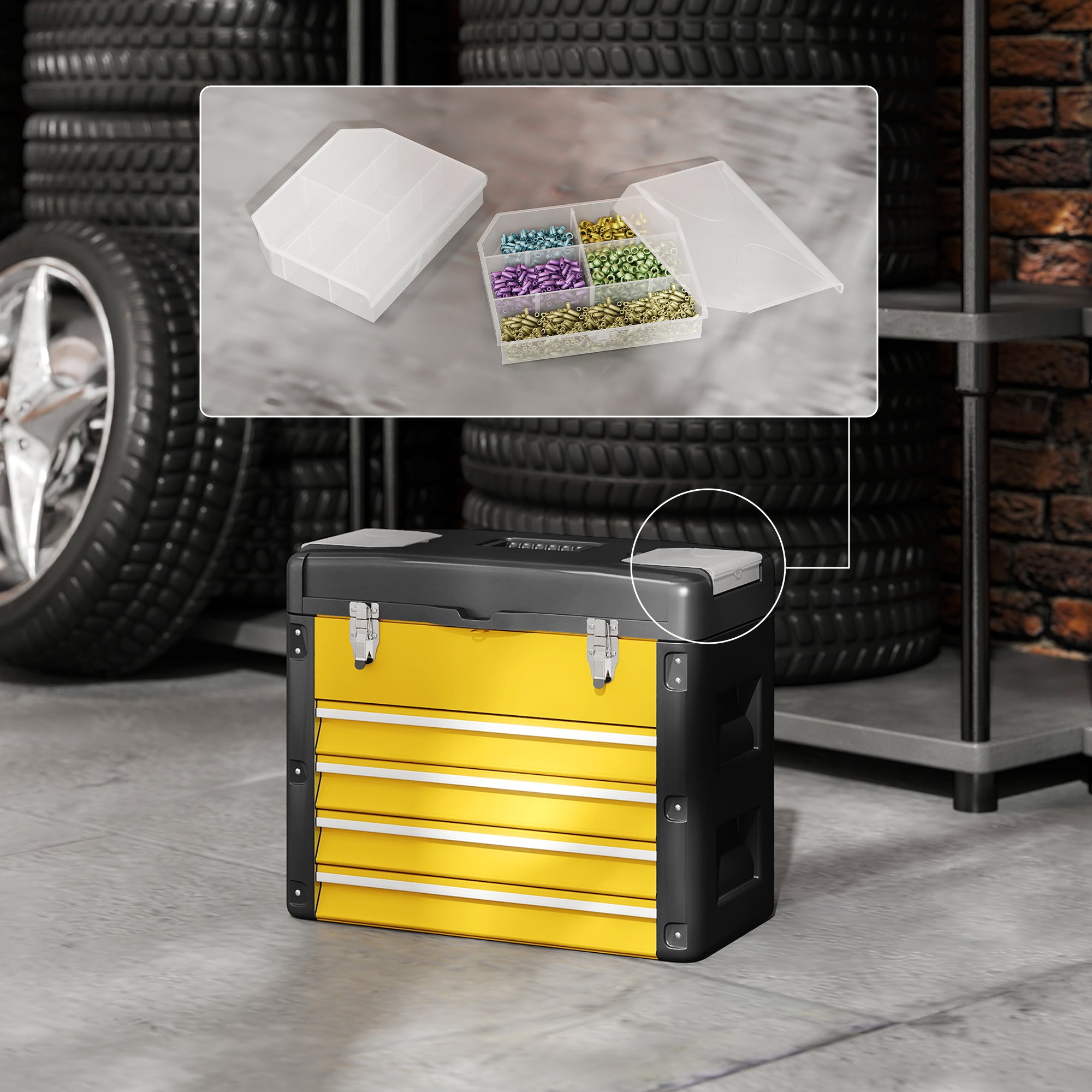 HOMCOM 4 Drawers Large Toolbox - Yellow