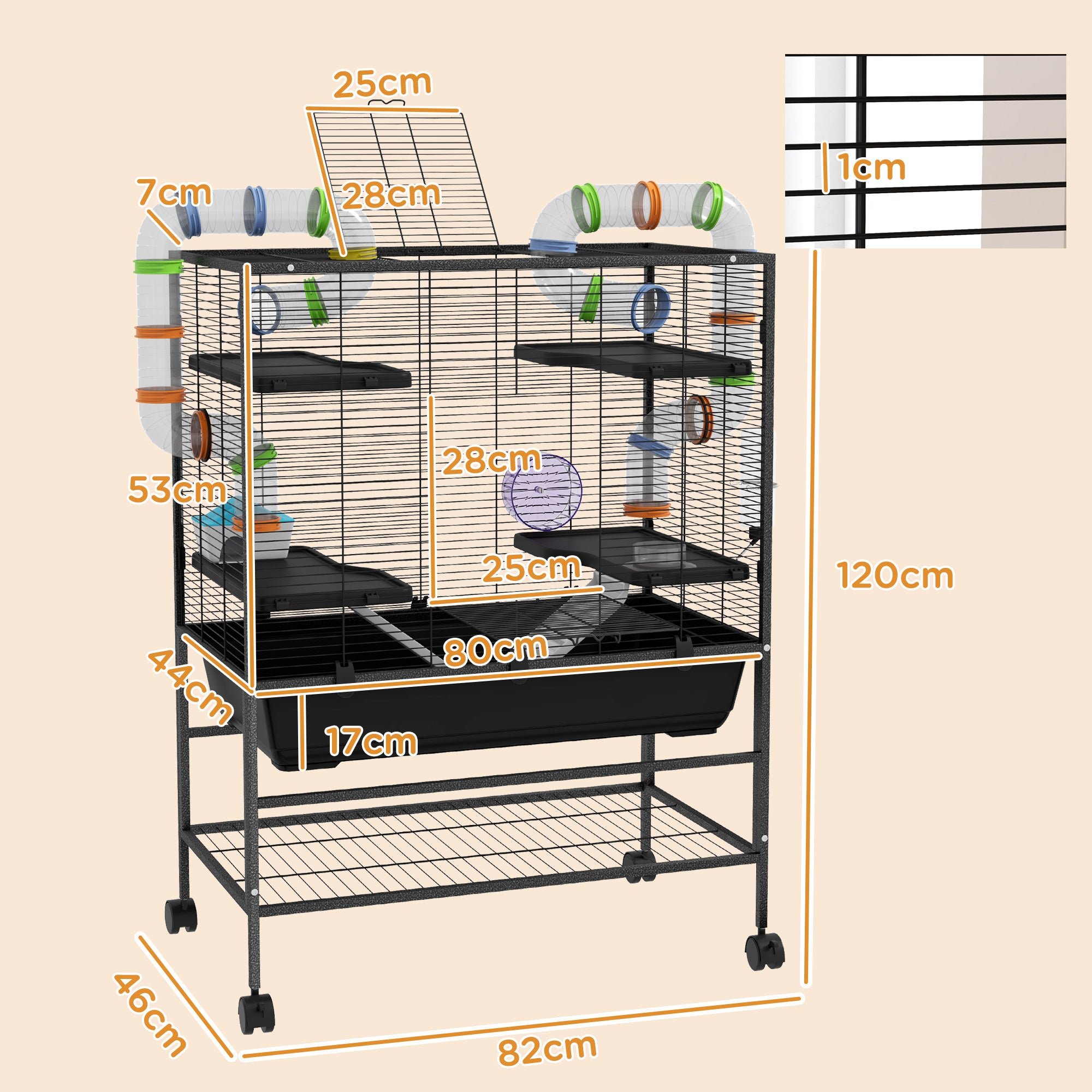 PawHut Large Hamster Cage, Gerbil Cage with Tubes, Storage Shelf, Ramps, Platforms, Running Wheel - Black
