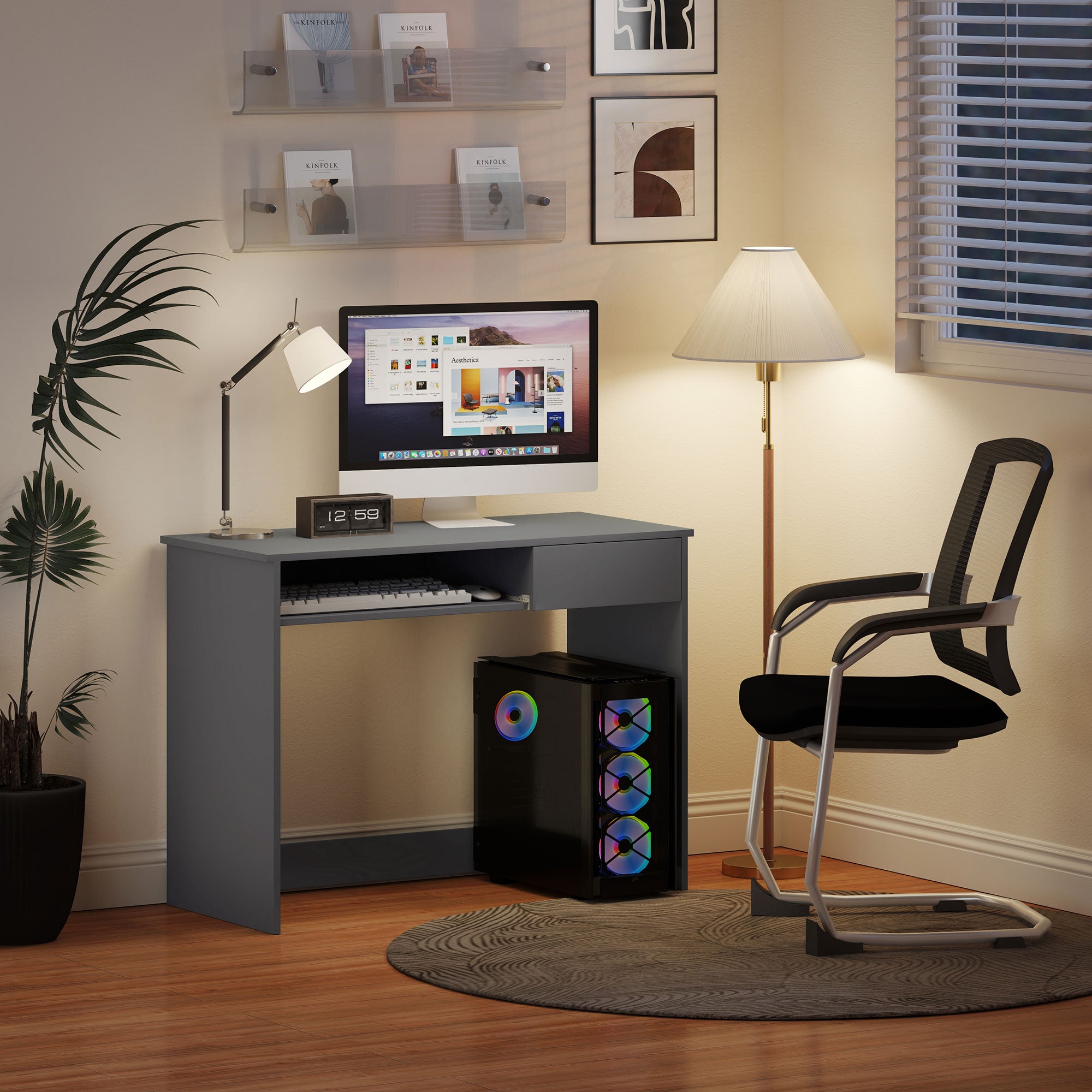 HOMCOM 100cm Compact Computer Desk with Keyboard Tray, Home Office Desk with Drawer for Bedroom Study, Grey - North Peak Garden Furniture
