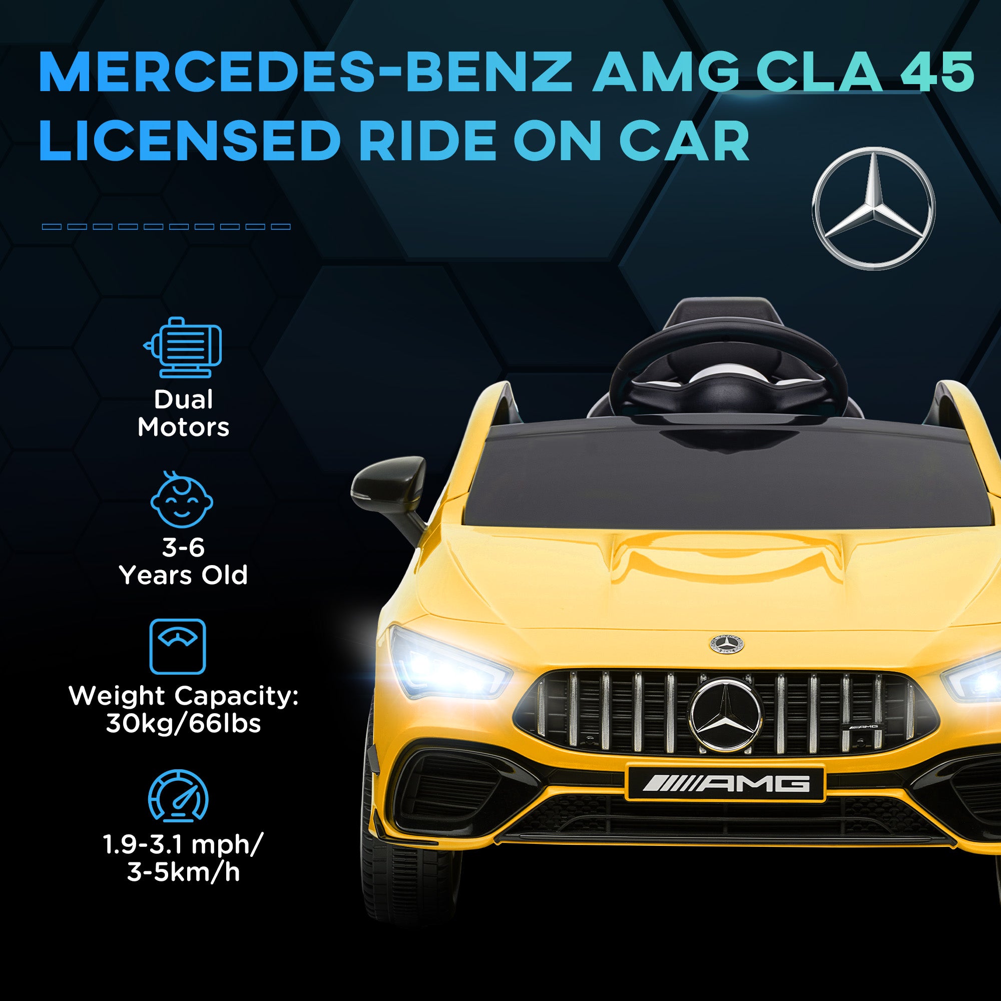 AIYAPLAY Mercedes-AMG CLA 45 Licensed 12V Kids Electric Car Ride on Car w/ Remote, Suspension Lights Music Horn - Yellow - North Peak Garden Furniture