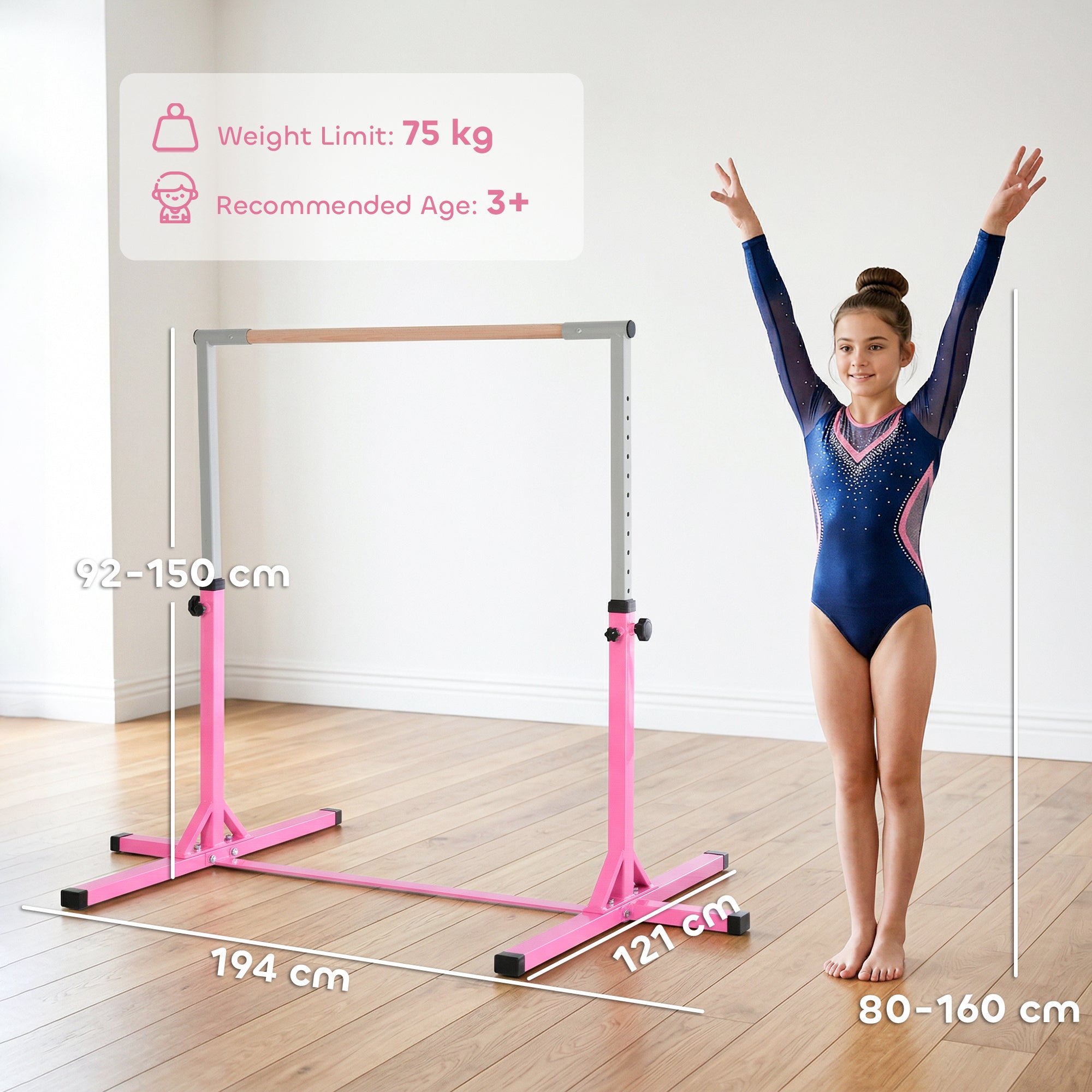 HOMCOM Height Adjustable Gymnastics Horizontal Bar For Kids Home Gym Training Children Junior Kip High Bar Fitness Pink