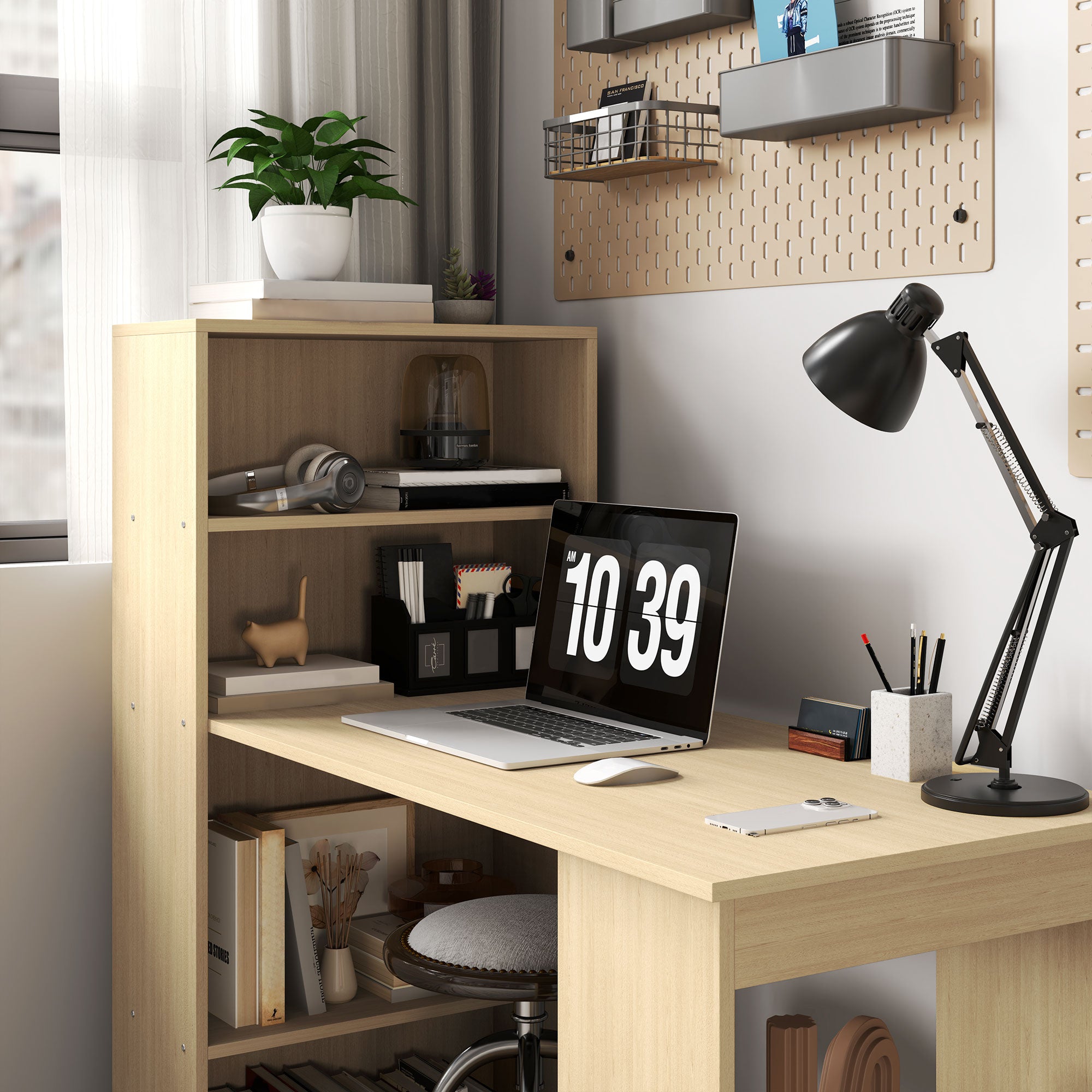HOMCOM 120cm Modern Computer Desk Bookshelf Study Table Workstation PC Laptop Writing Home Office 6 Shelves, Natural Wood Finish - North Peak Garden Furniture